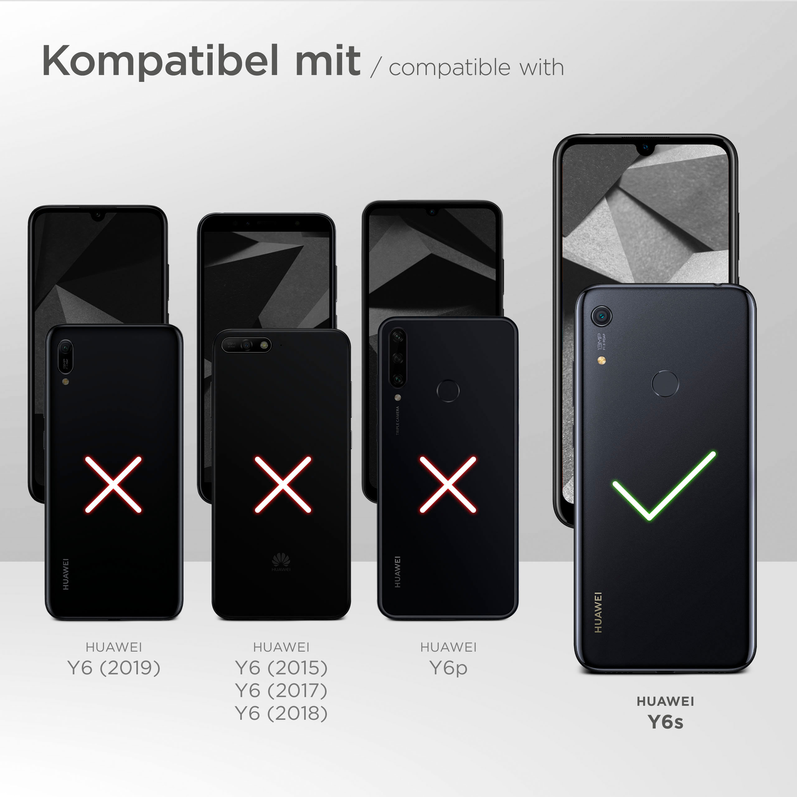 Telefonhüllen mit roten X und einem grünen Haken. Zeigt Telefonkompatibilität.