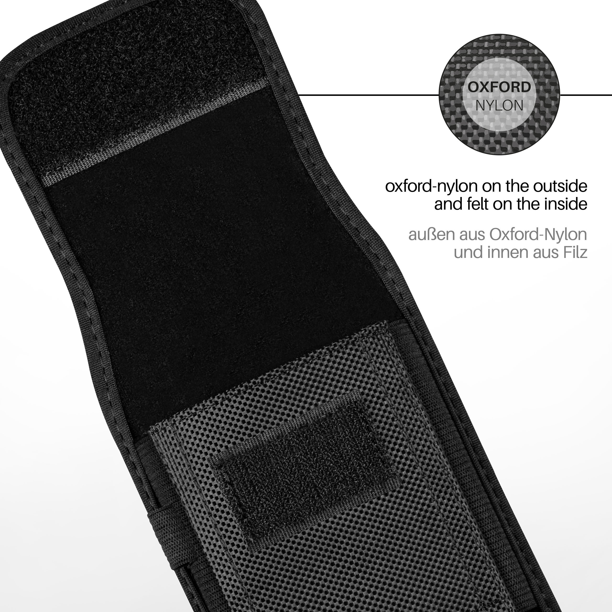 Schwarzer Oxford-Nylon-Gurt mit Filz innen. Text beschreibt das Material.