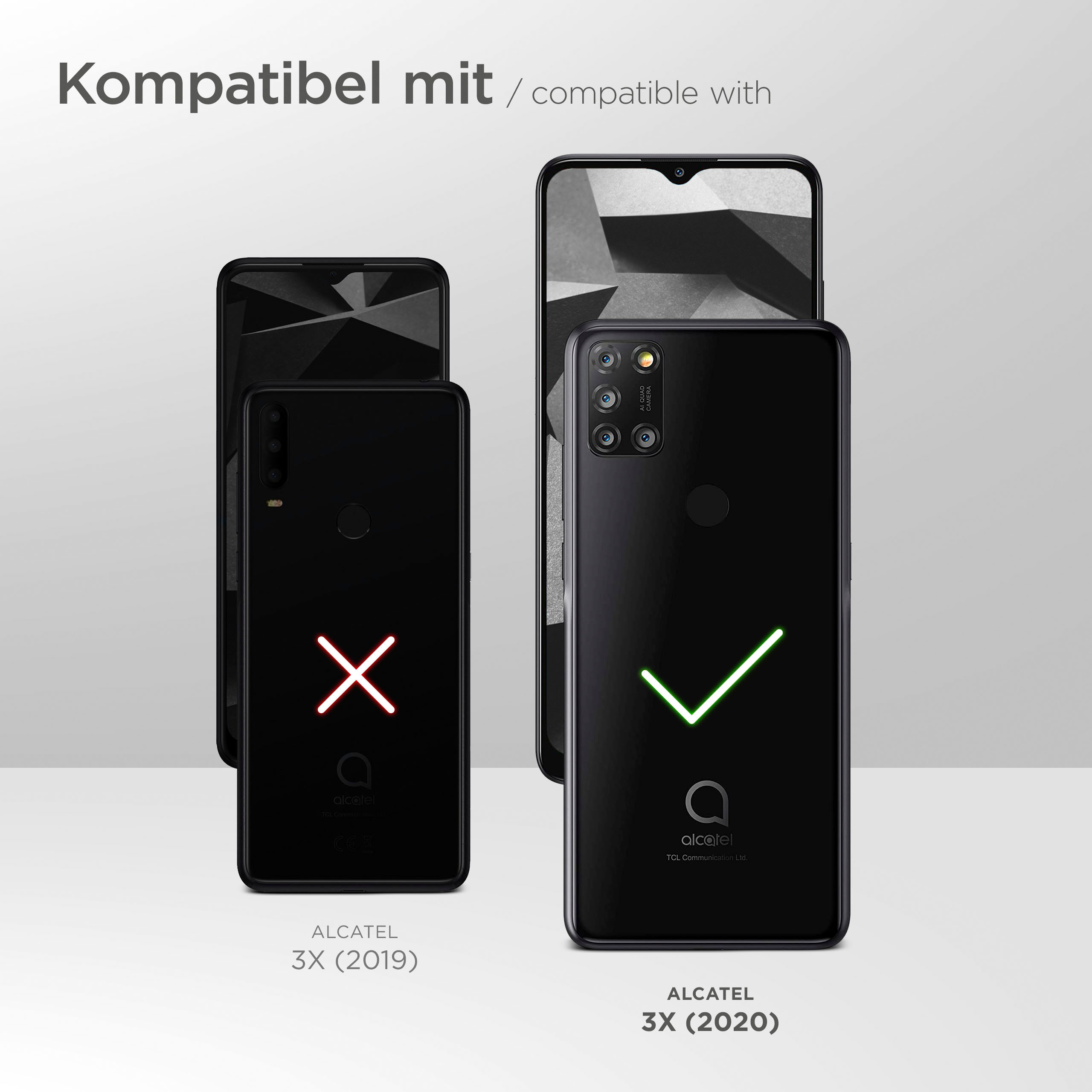Zwei Telefone, eines mit Häkchen, das andere mit X markiert. Text sagt kompatibel mit ALCATEL.