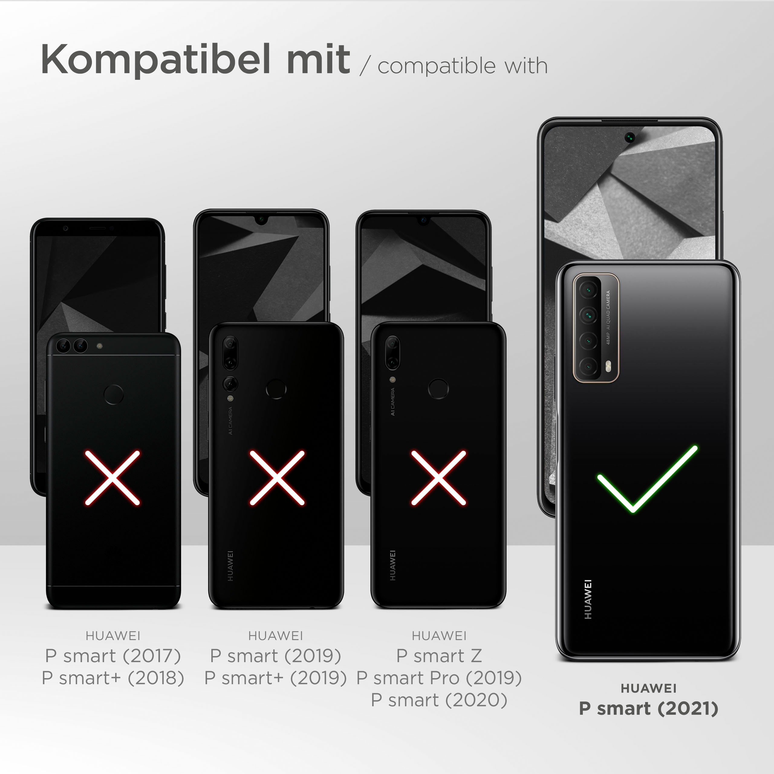 Smartphones mit Häkchen neben Huawei P smart (2021) und Kreuzen auf anderen.