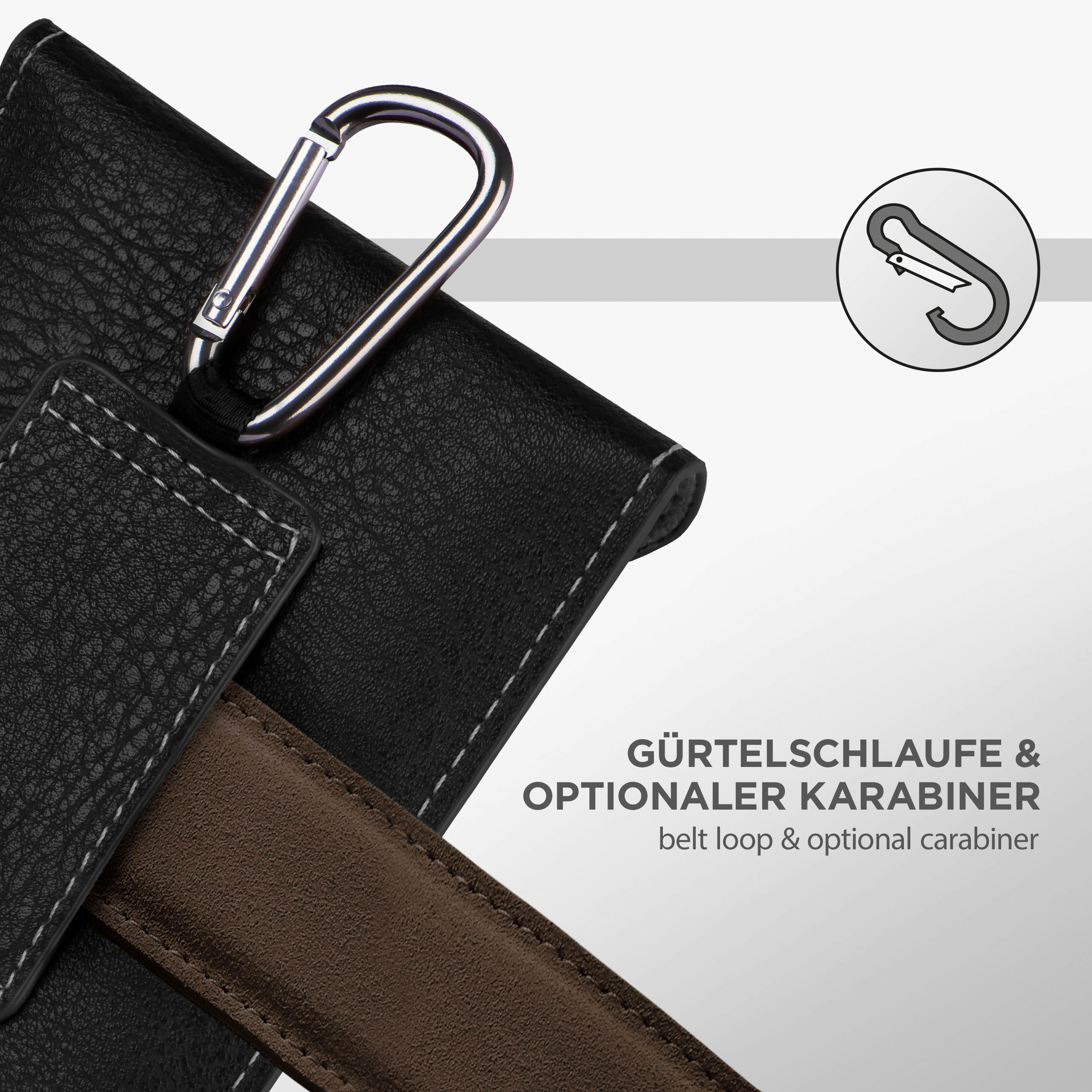 Schwarze Handyhülle mit silbernem Karabiner und brauner Gürtelschlaufe. Text: Gürtelschlaufe & optionaler Karabiner.