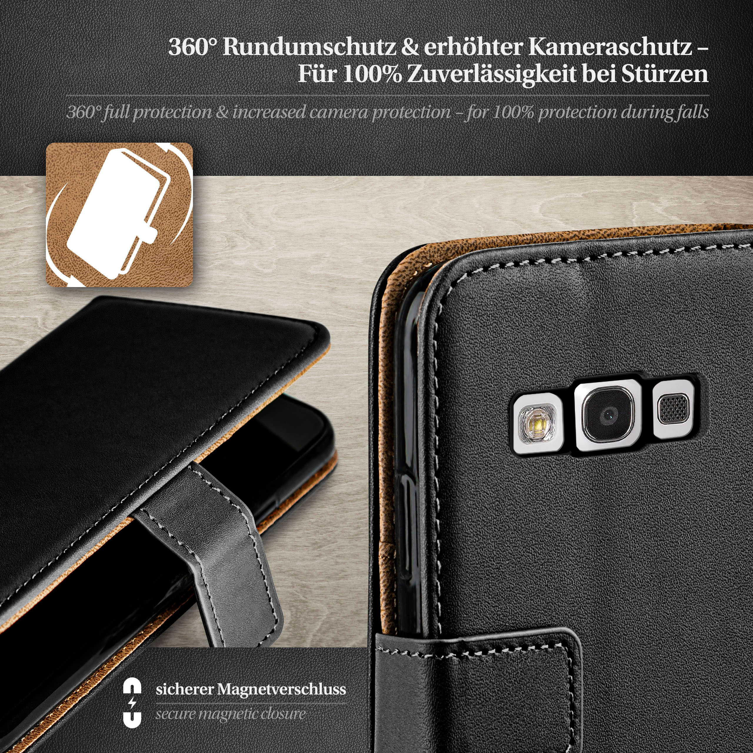 Schwarze Leder-Handyhülle mit Telefon und Kamera. Text: '360° Rundumschutz & erhöhter Kameraschutz'.