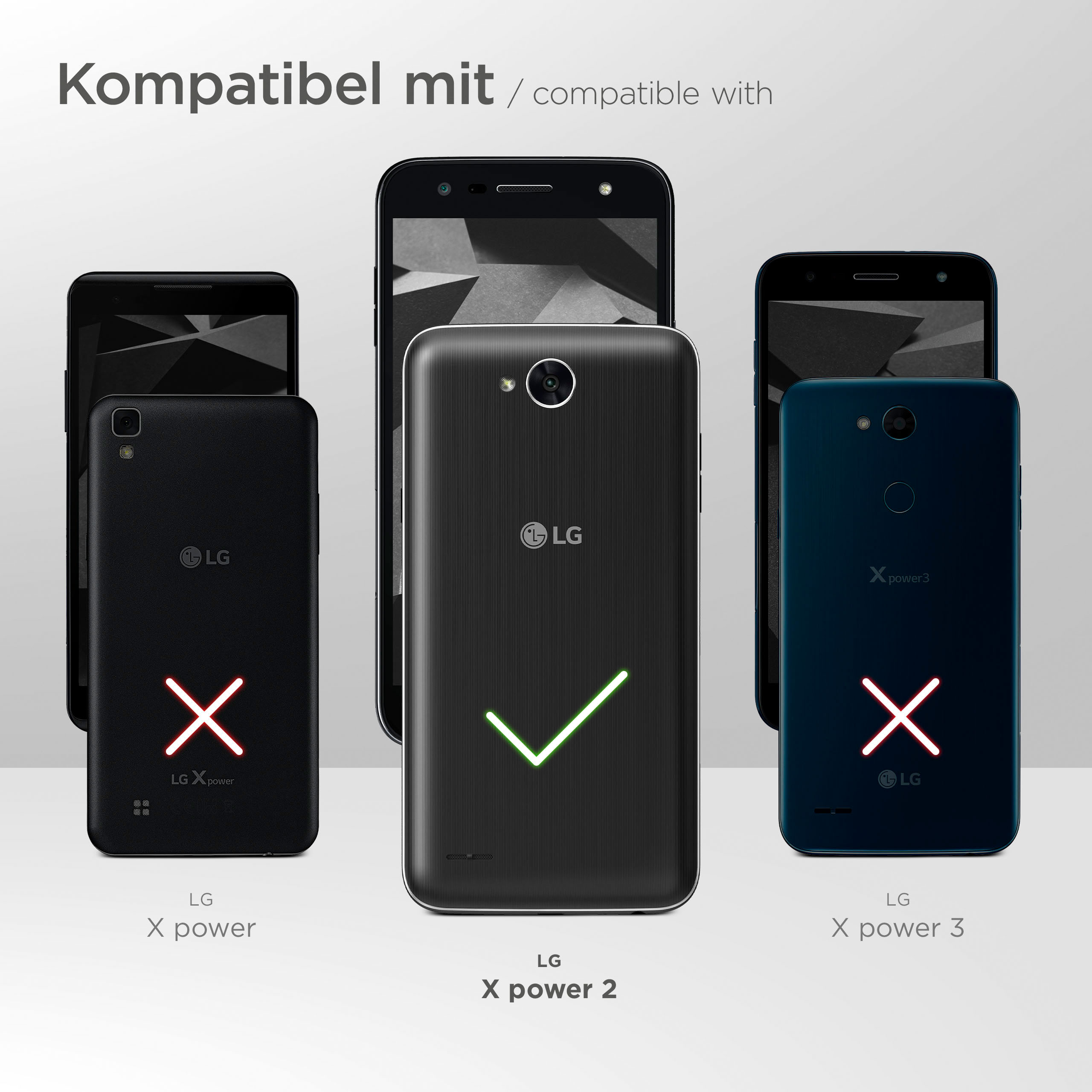 Telefone werden gezeigt. LG X power 2 ist kompatibel. LG X power und X power 3 nicht.