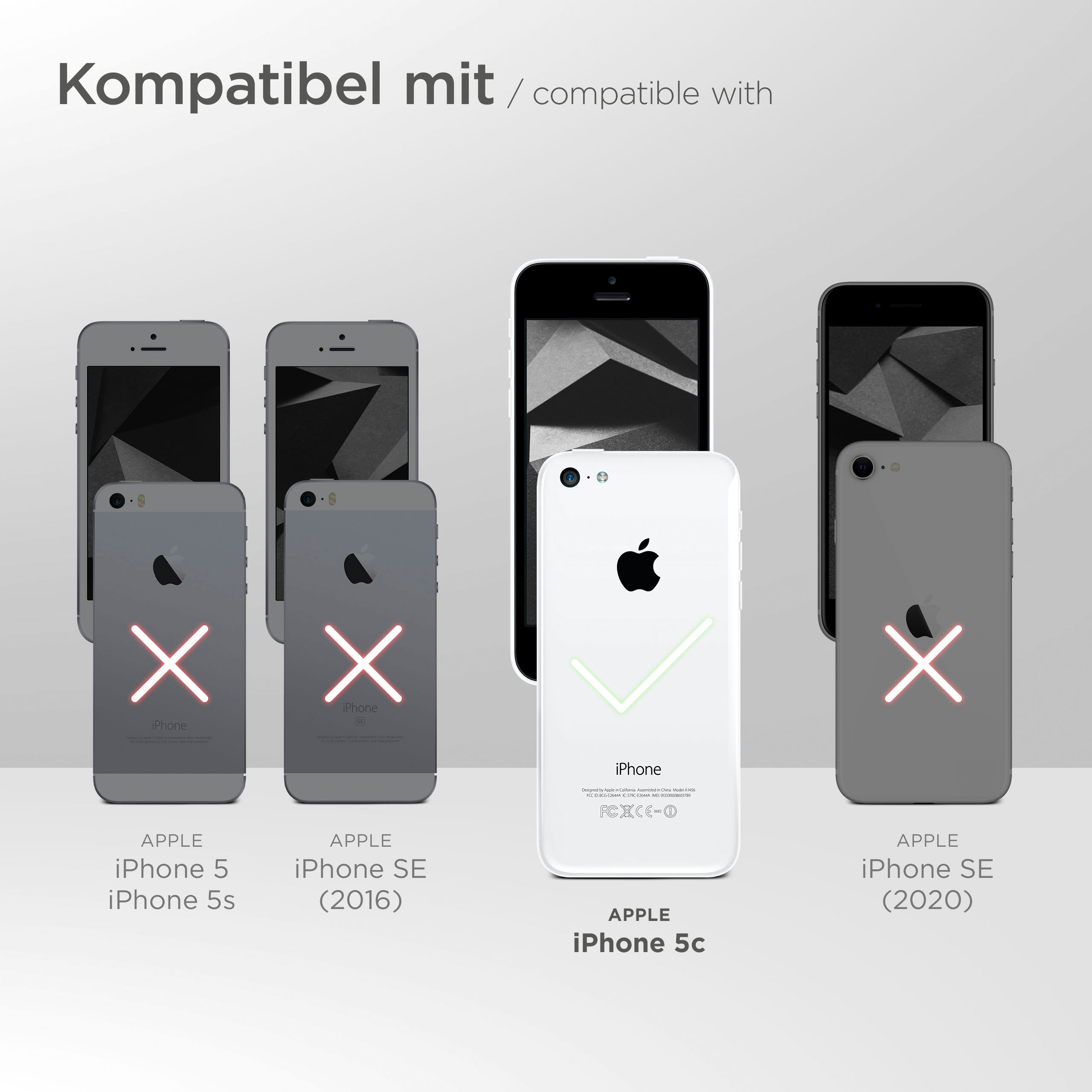 Bild, das die Kompatibilität des iPhone 5c mit grünem Häkchen zeigt, andere mit rotem X.
