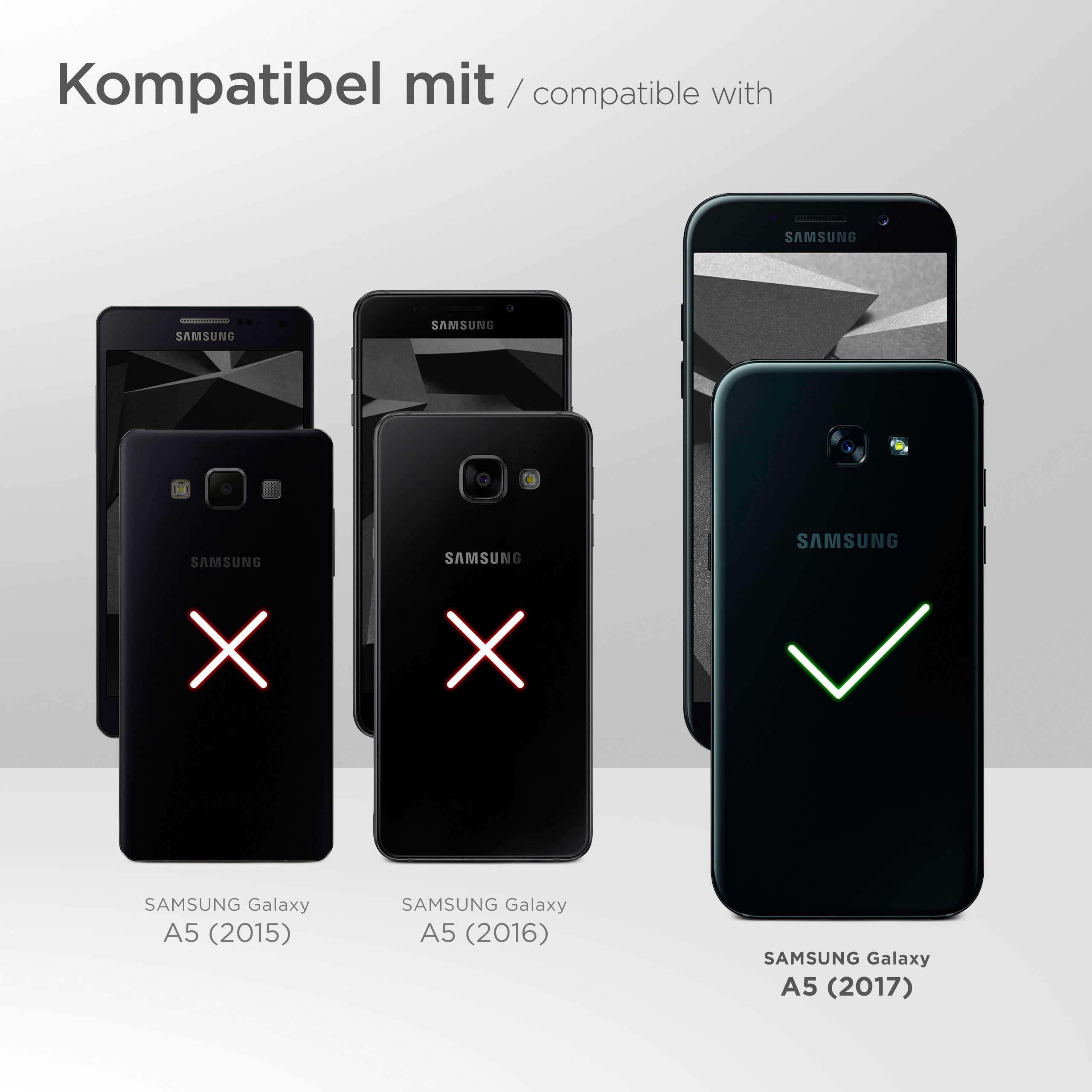 Vier Telefone, drei mit X-Markierungen und eines mit einem Häkchen, zeigen Kompatibilität.