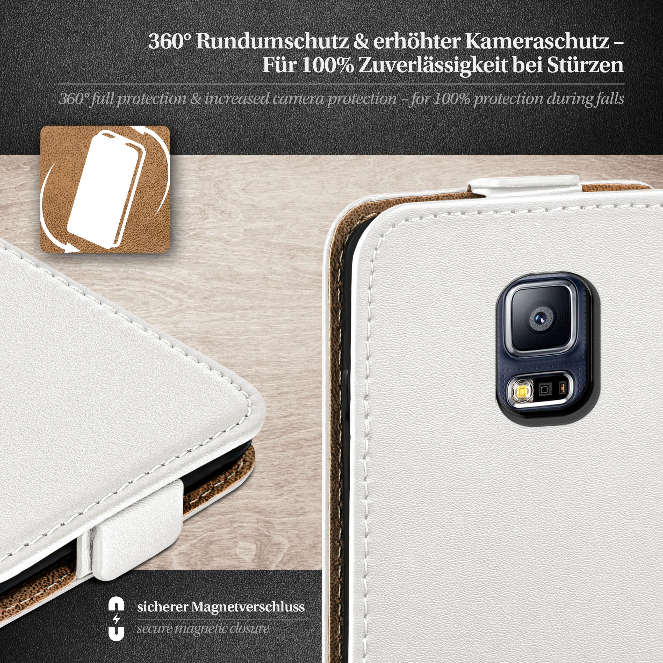 Weißes Handycase mit Kamera und sicherem Magnetverschluss, mit Text zum Schutz.