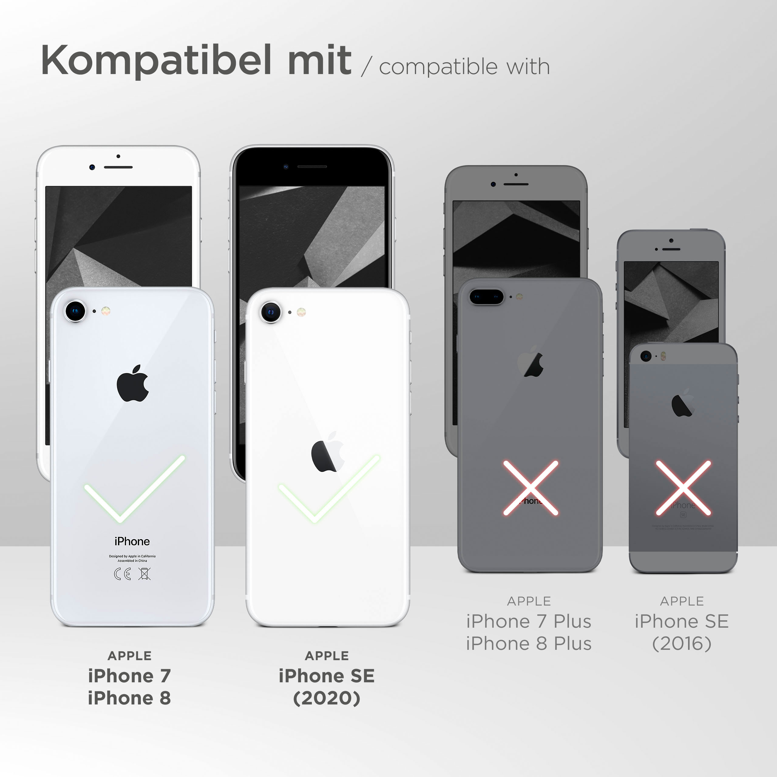 Auswahl an iPhones mit Häkchen und X-Markierungen, die die Kompatibilität für Handyhüllen anzeigen.