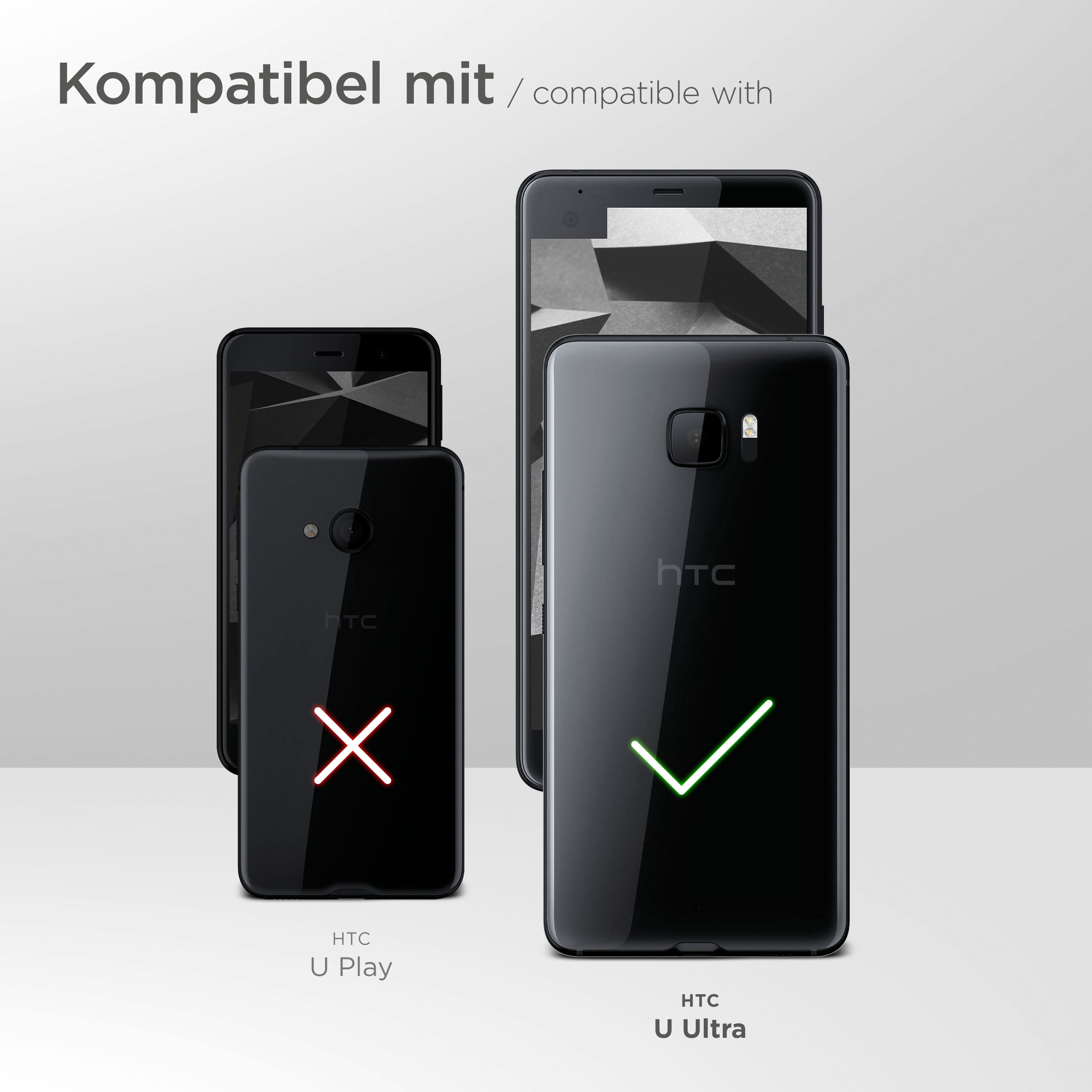 Handys mit rotem X oder grünem Häkchen. Kompatible Handys: HTC U Ultra. Andere haben ein X.