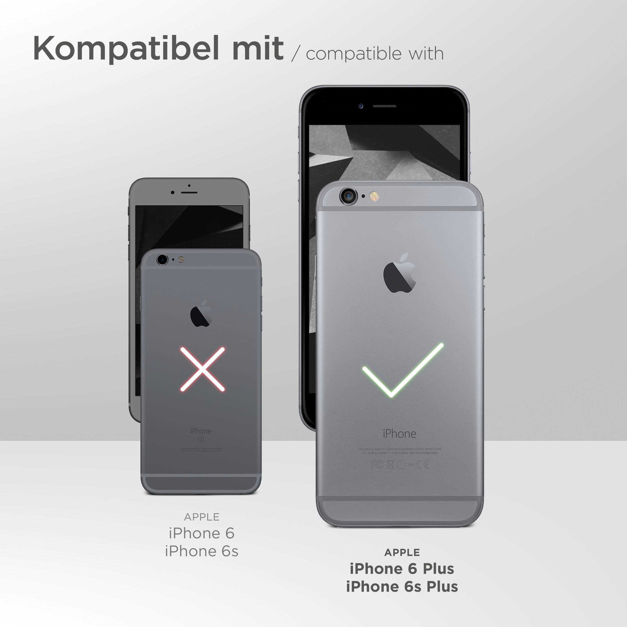 Drei Telefone mit grauen Rückseiten. Ein graues Telefon hat ein X, zwei ein Häkchen, was die Kompatibilität zeigt.