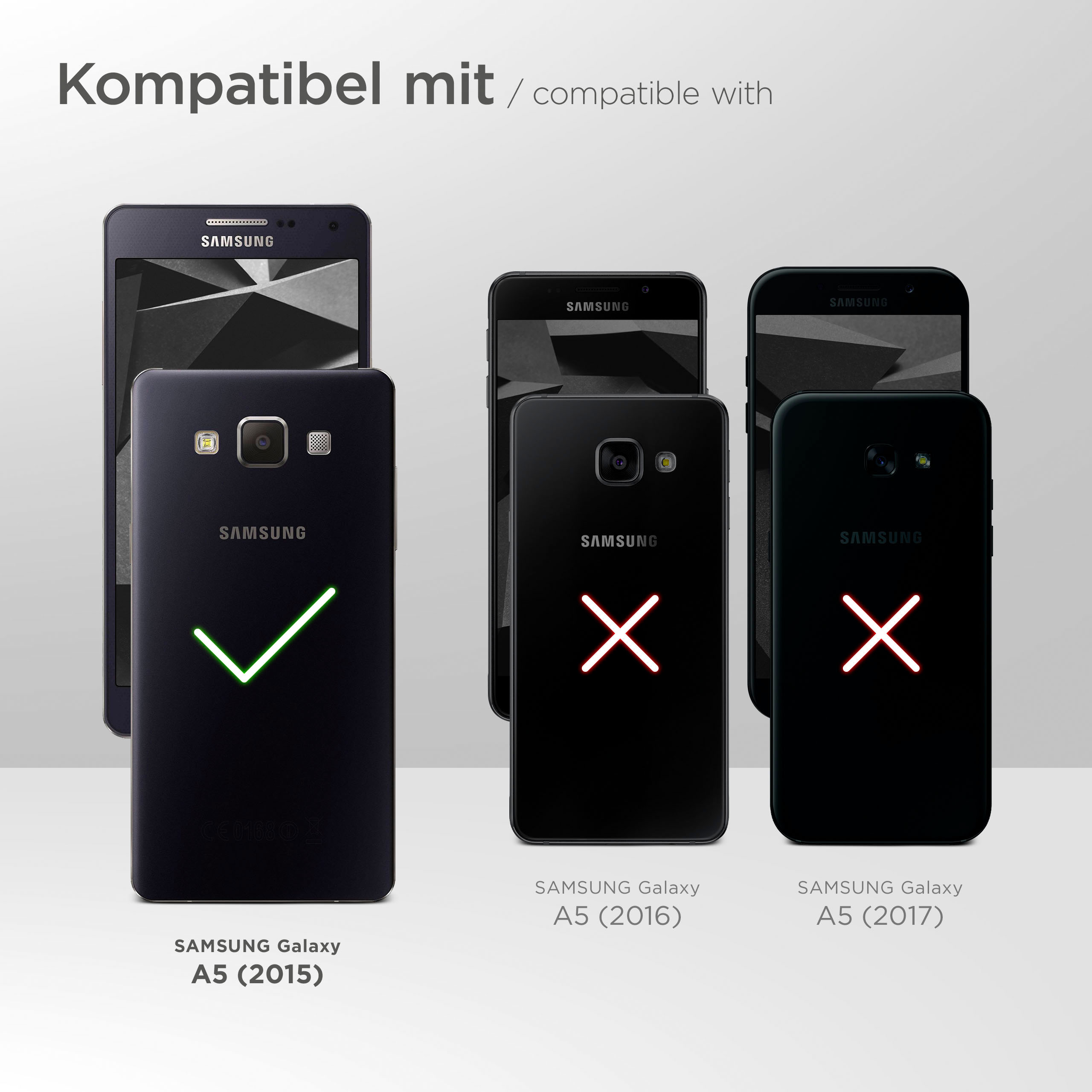 Handys. Samsung A5 (2015) mit Haken, andere mit X markiert.