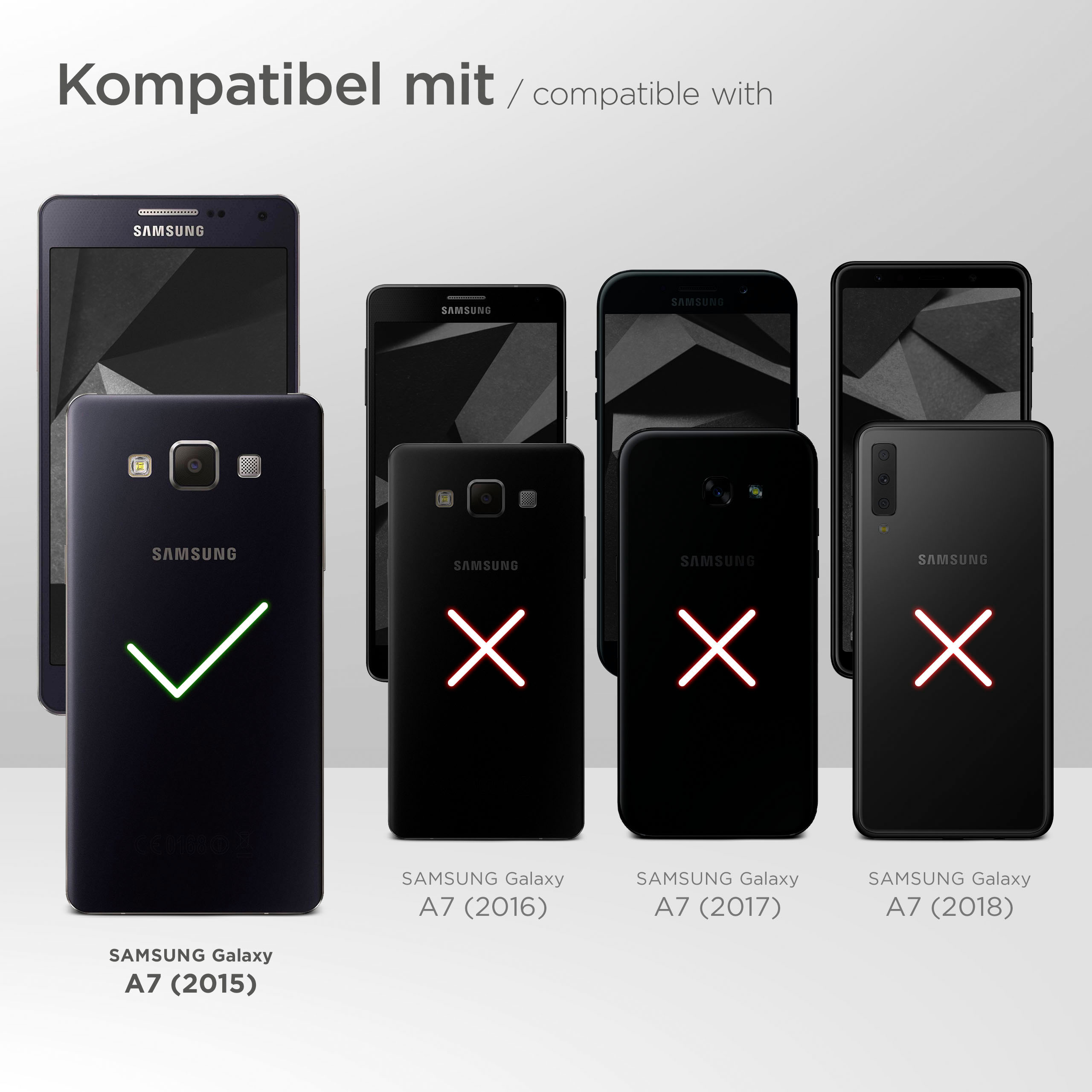 Bild mit Handys, einige mit X. Text: kompatibel mit. Samsung Galaxy A7(2015) ist mit der Hülle kompatibel.