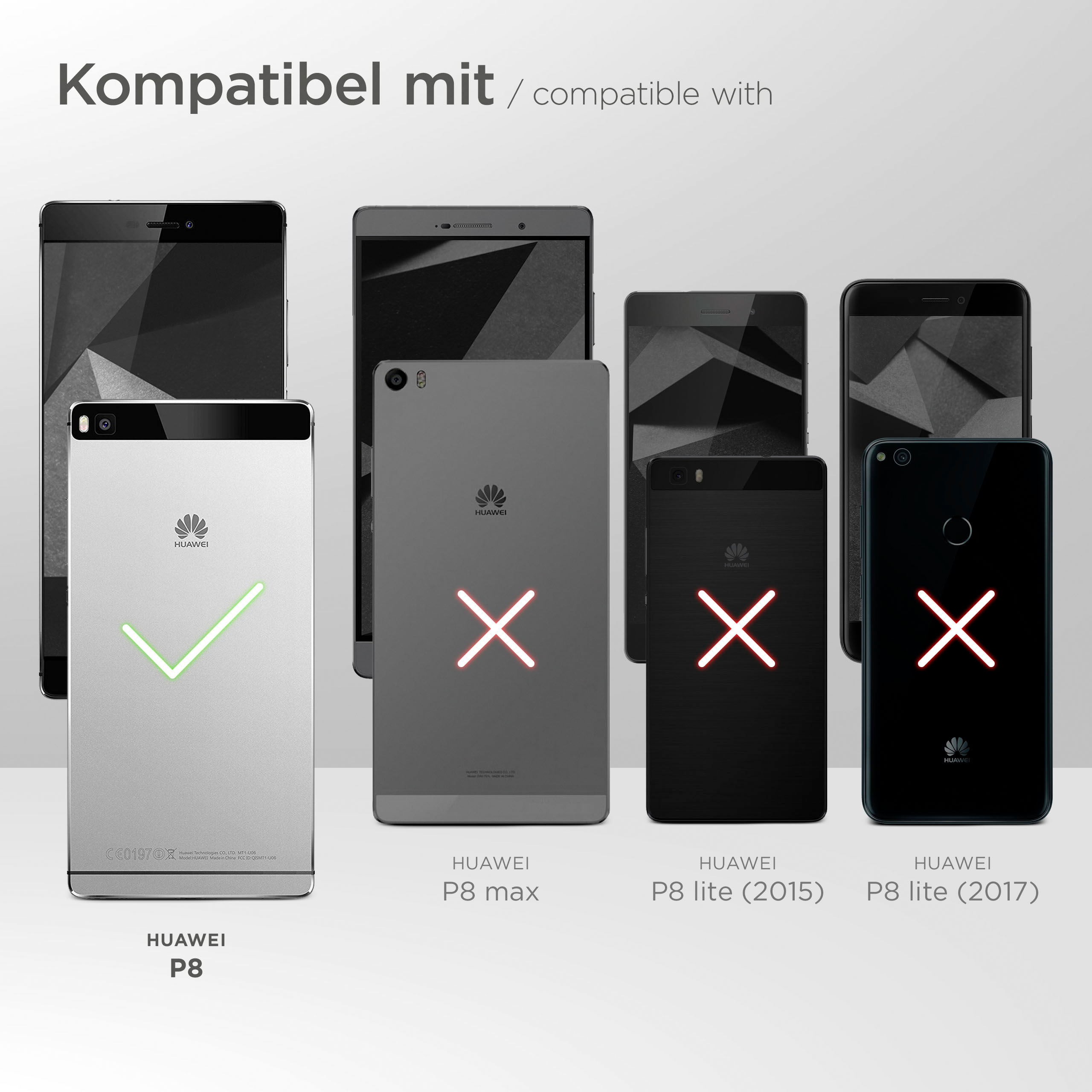 Drei Telefone, zwei mit X markiert, eines mit Haken, was die Kompatibilität anzeigt.