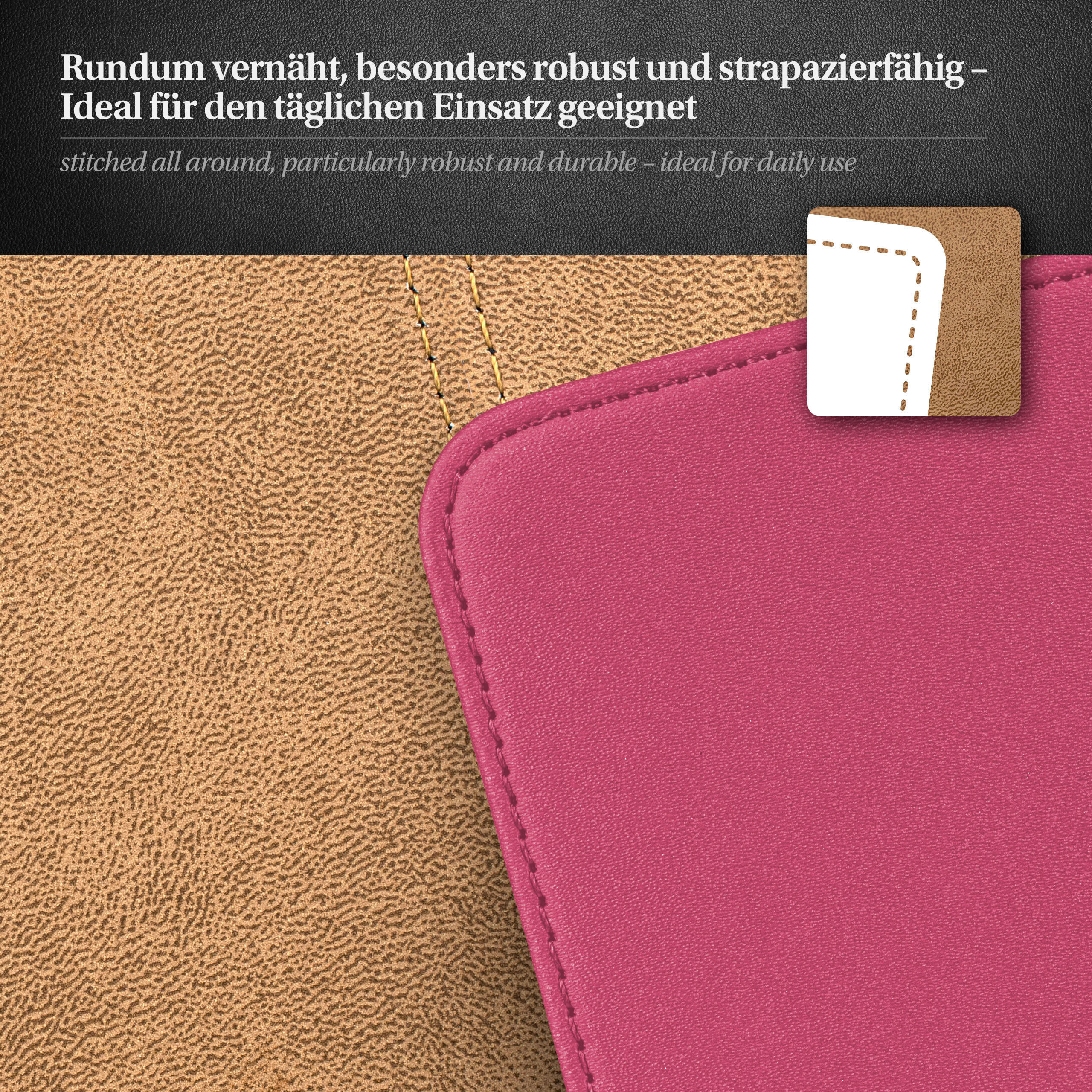 Hellbraunes und rosa Leder zusammengenäht, Nahtdetail sichtbar.