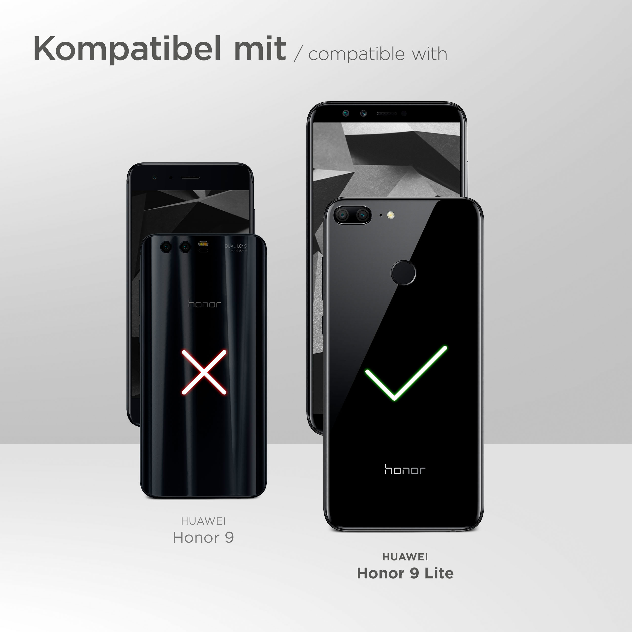 Bild von Telefonen. Eines mit grünem Haken, andere mit rotem X. Text oben sagt kompatibel mit.
