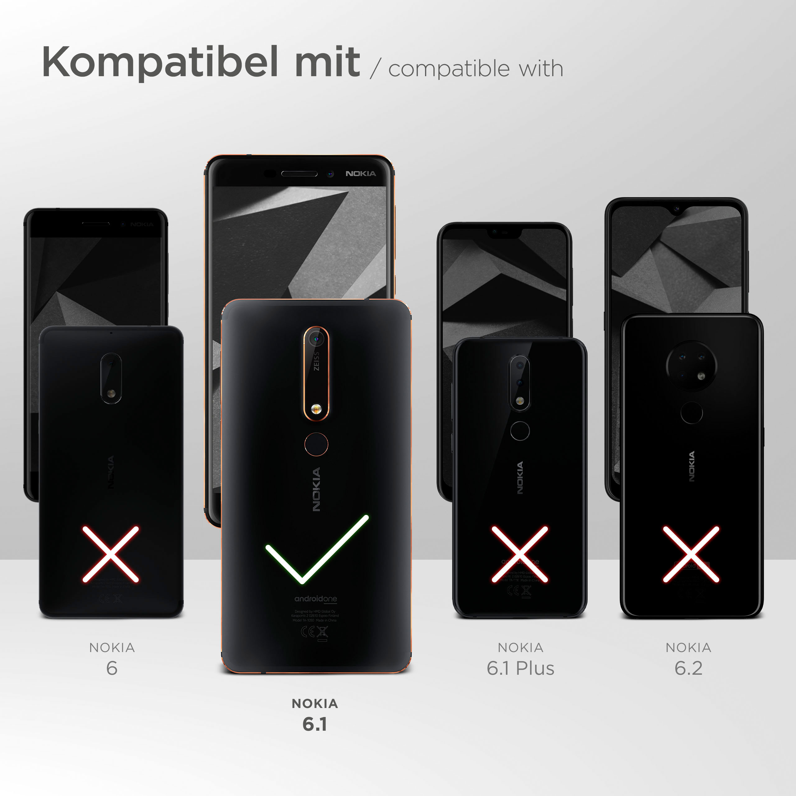 Mehrere schwarze Telefone mit dem Nokia-Logo. Ein Telefon hat ein grünes Häkchen, andere rote X-Markierungen.
