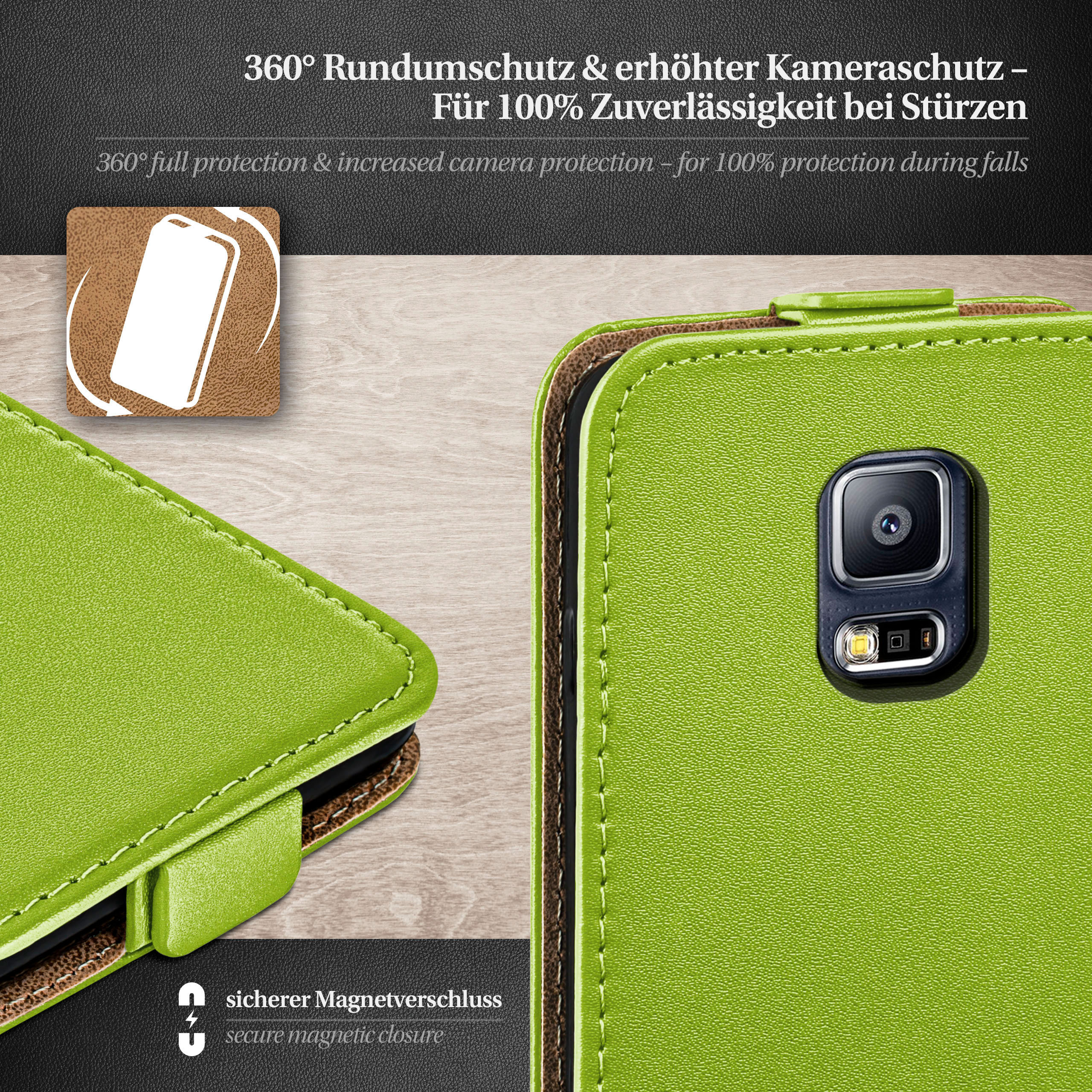 Eine grüne Handyhülle mit einem Telefon darin. Es hat einen Magnetverschluss und Kameraschutz.