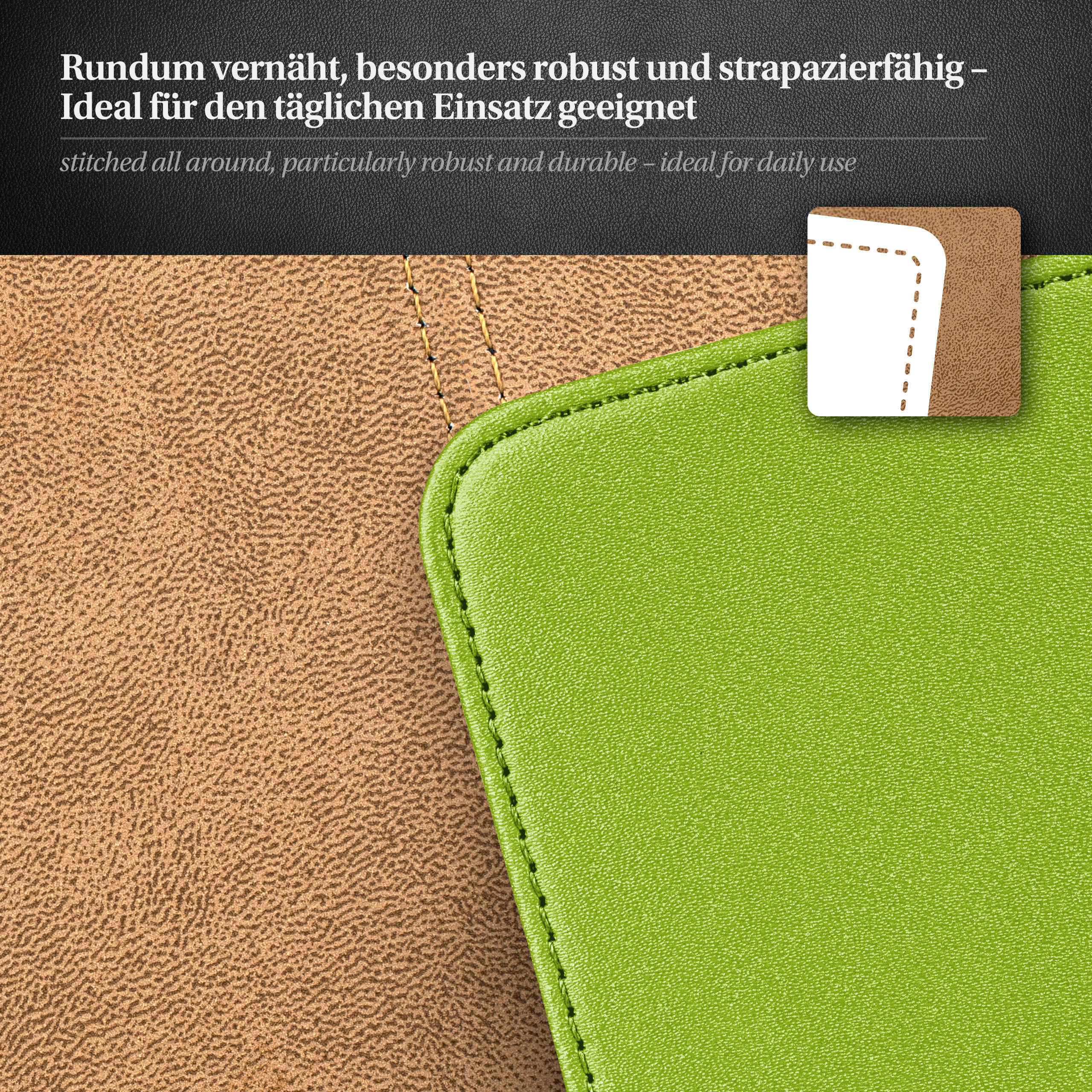 Nahaufnahme einer braunen und grünen Lederhülle mit Nähten. Grün hat Naht.