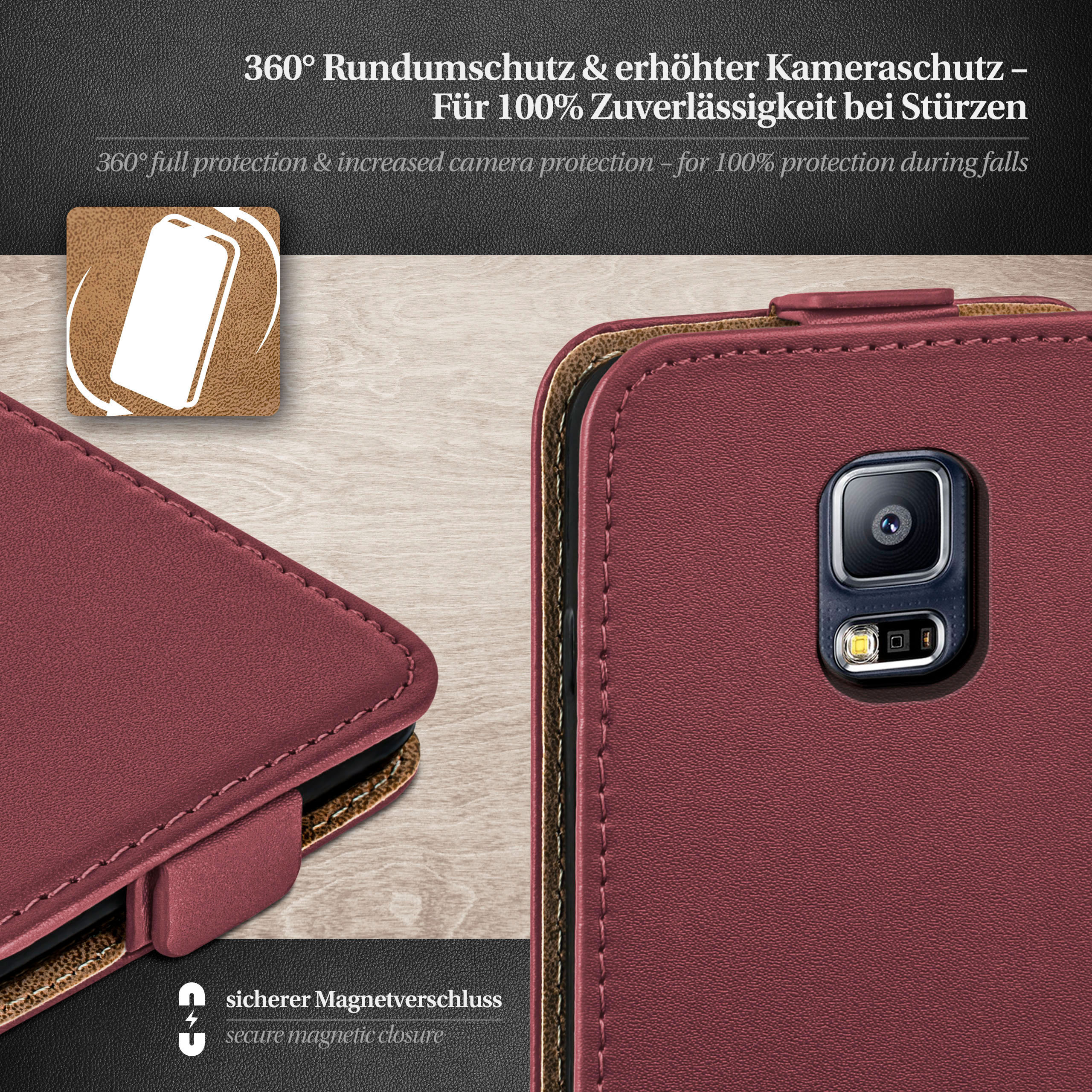Rote Handyhülle mit Kamera und sicherem Magnetverschluss. Text: 360° Rundumschutz.