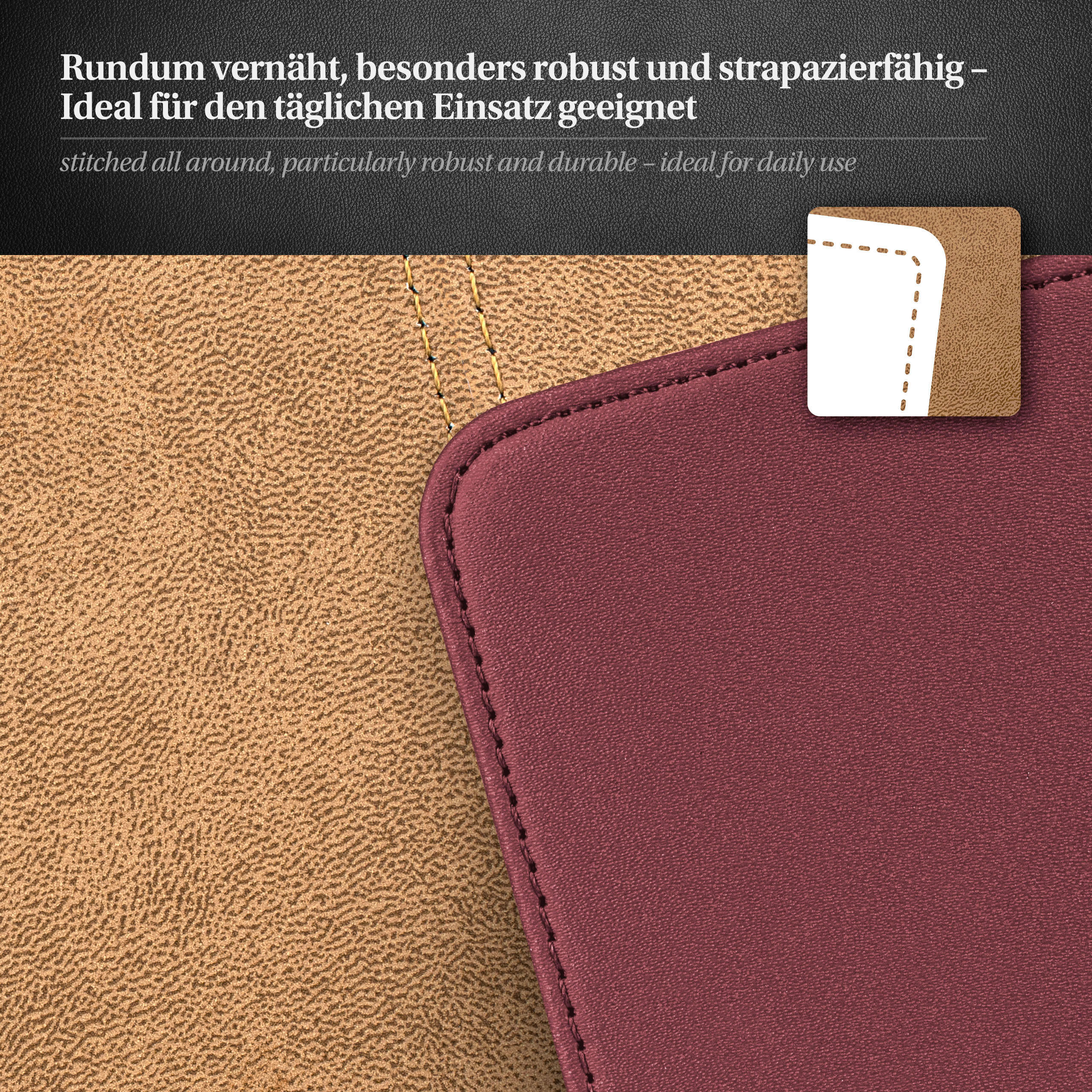 Braune und bordeauxrote Lederstruktur. Genähte Kanten. Text: robust, langlebig, ideal für den täglichen Gebrauch.