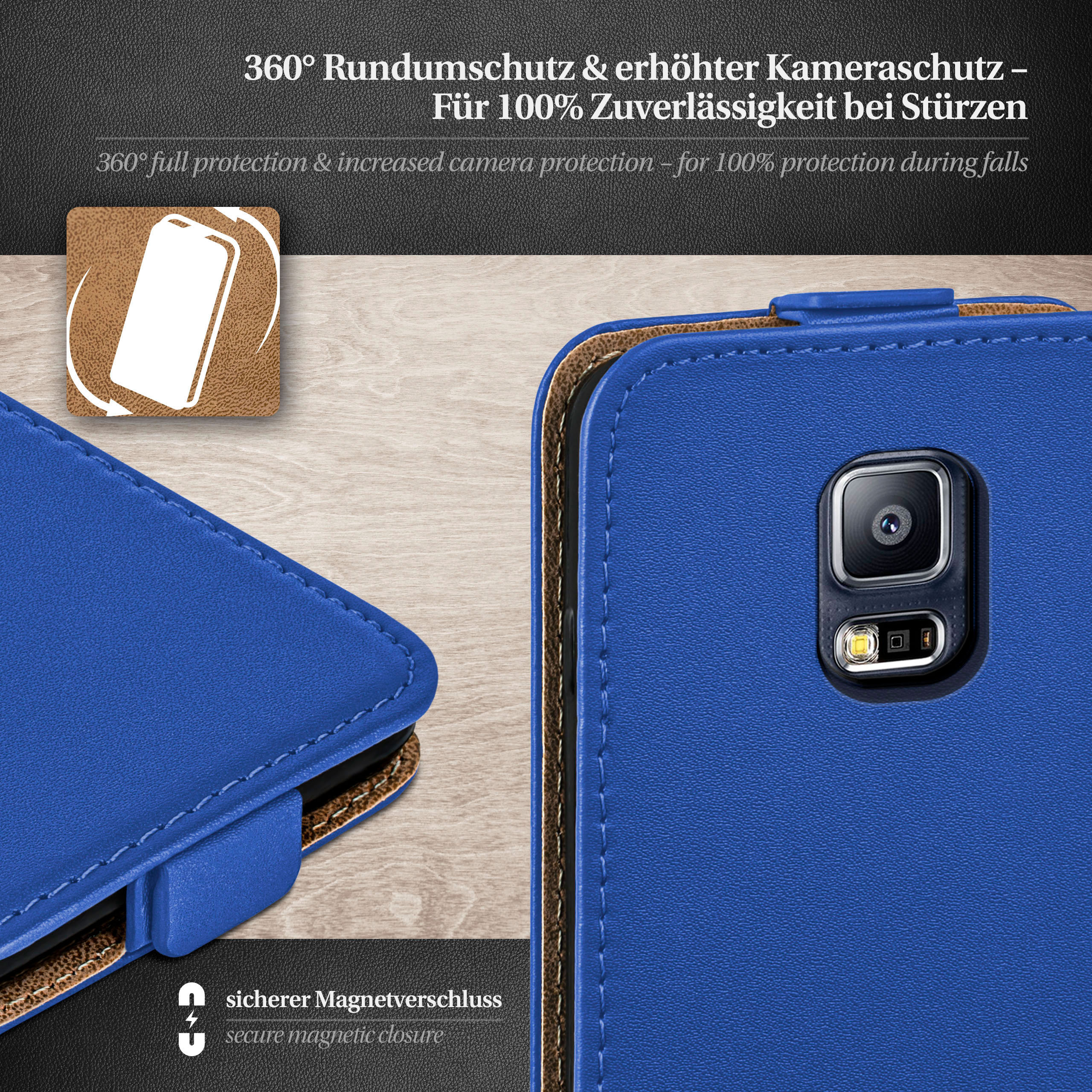 Blaue Handyhülle mit Kamera. Zeigt 360-Grad-Schutz mit Magnetverschluss.