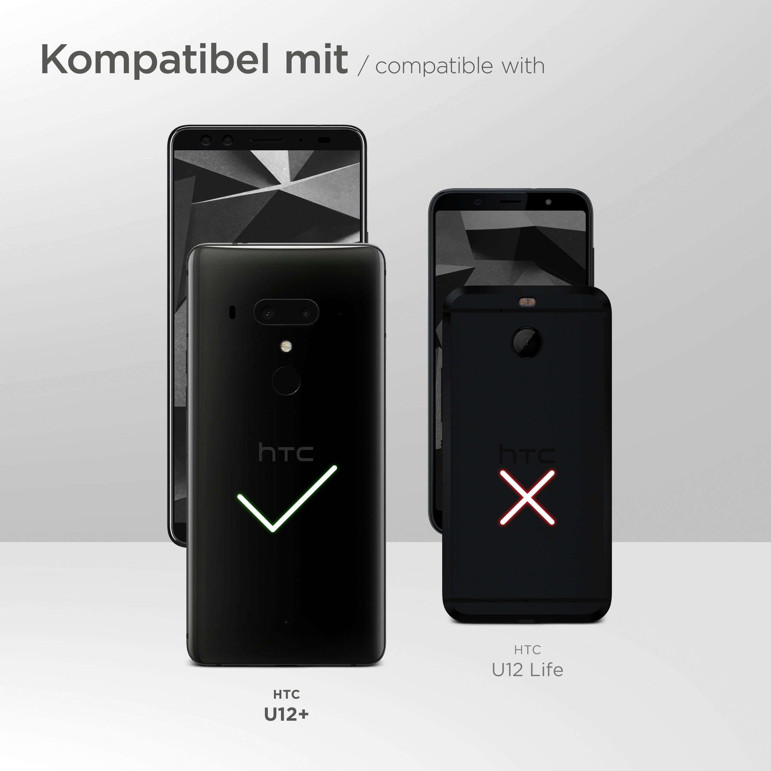 Drei Telefone, eins mit Häkchen, zwei mit X. Text lautet 'Kompatibel mit'.