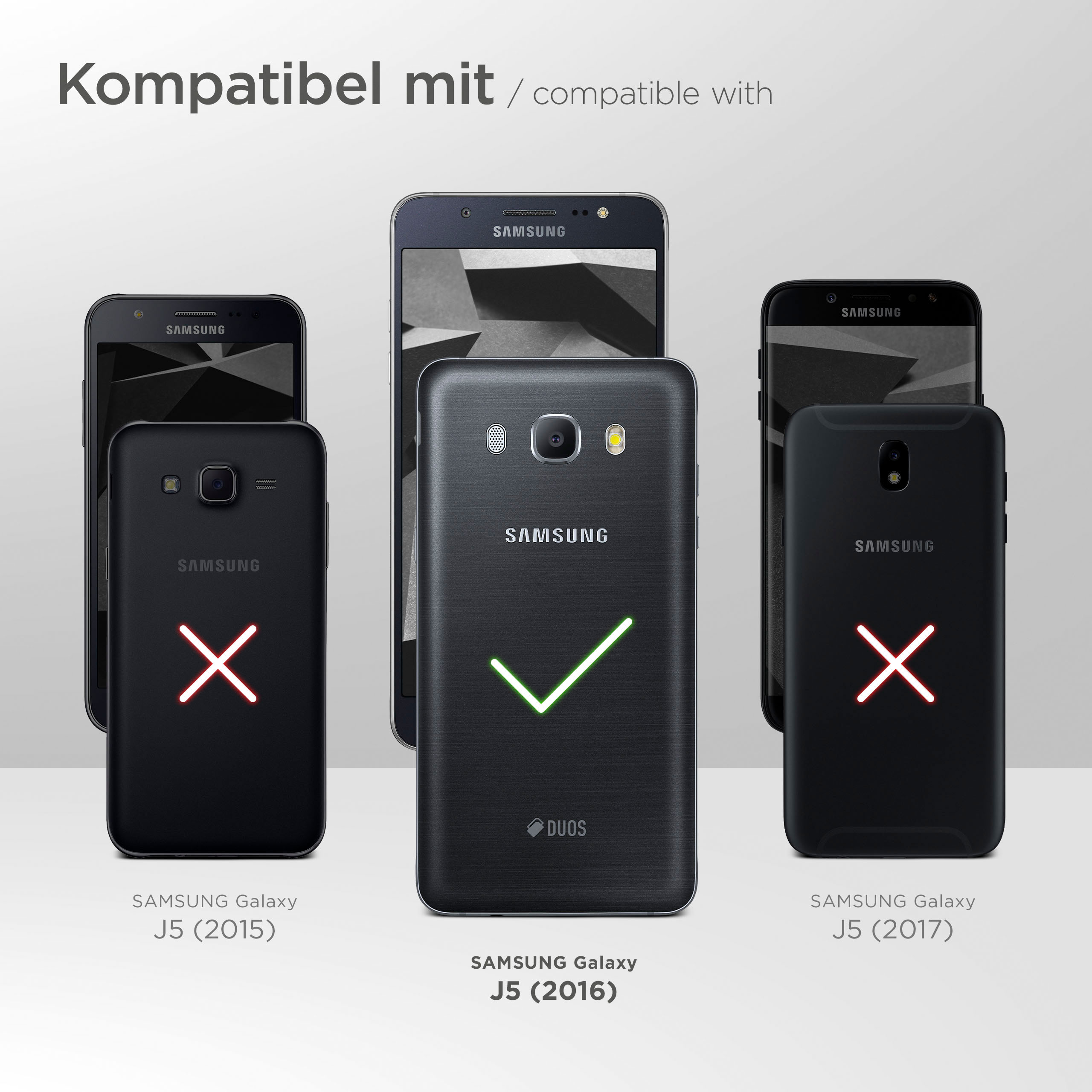 Vergleichsbild von Telefonen mit Hülle, das die Kompatibilität mit Samsung J5 (2016) zeigt.