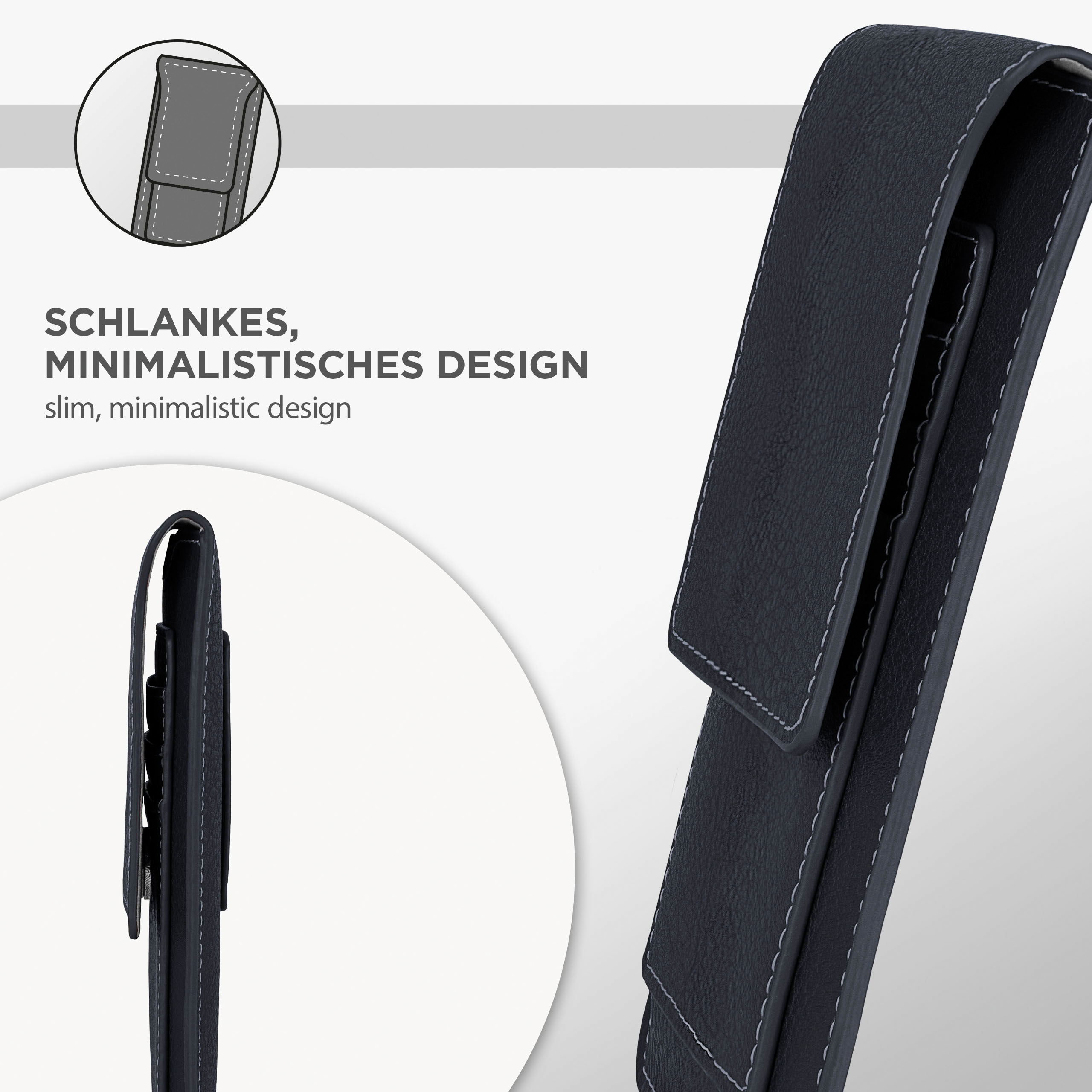 Schwarze Leder-Handyhülle mit weißen Nähten, minimalistisches Design.