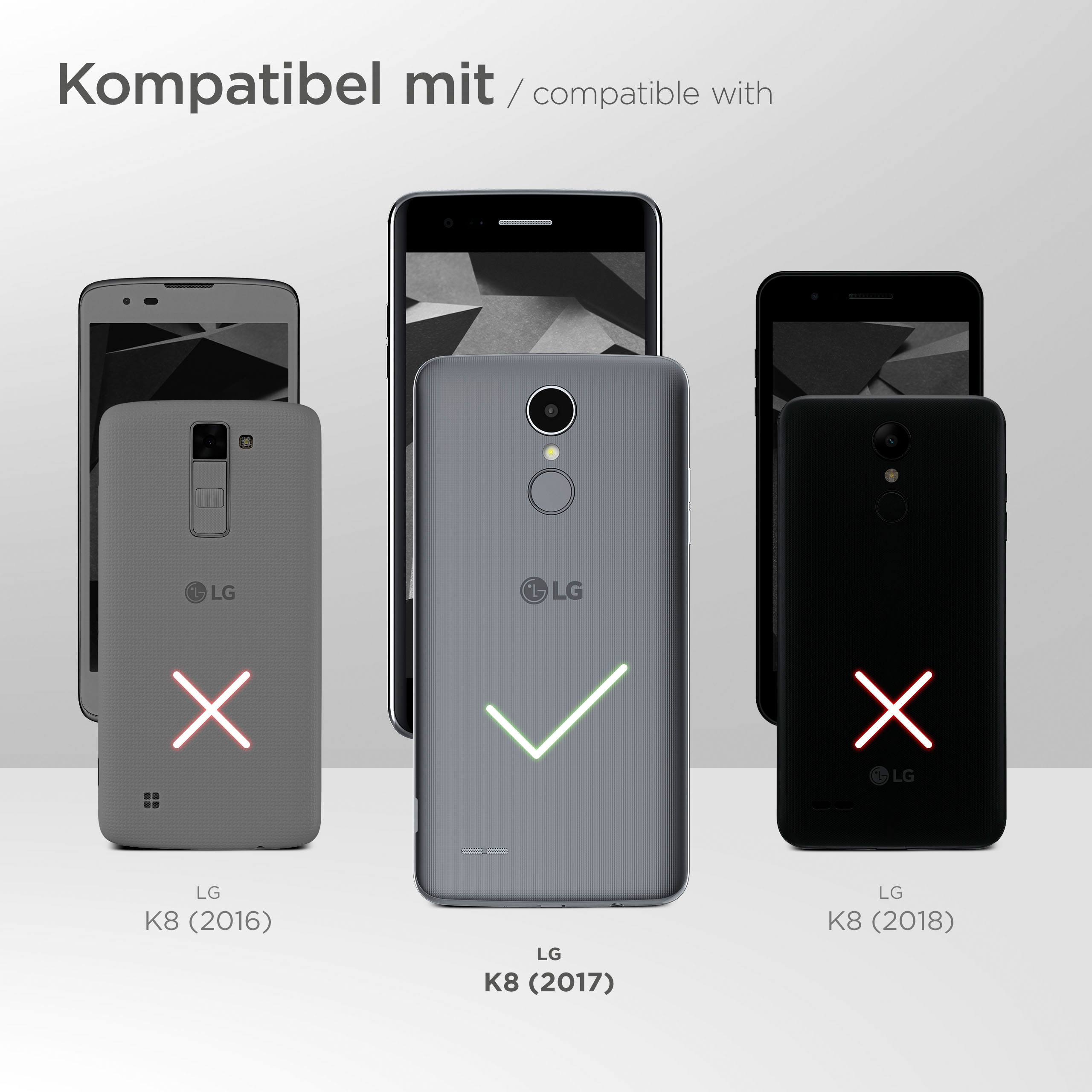 Telefone mit grauem LG K8(2017) in der Mitte. Andere sind LG K8(2016) und LG K8(2018).