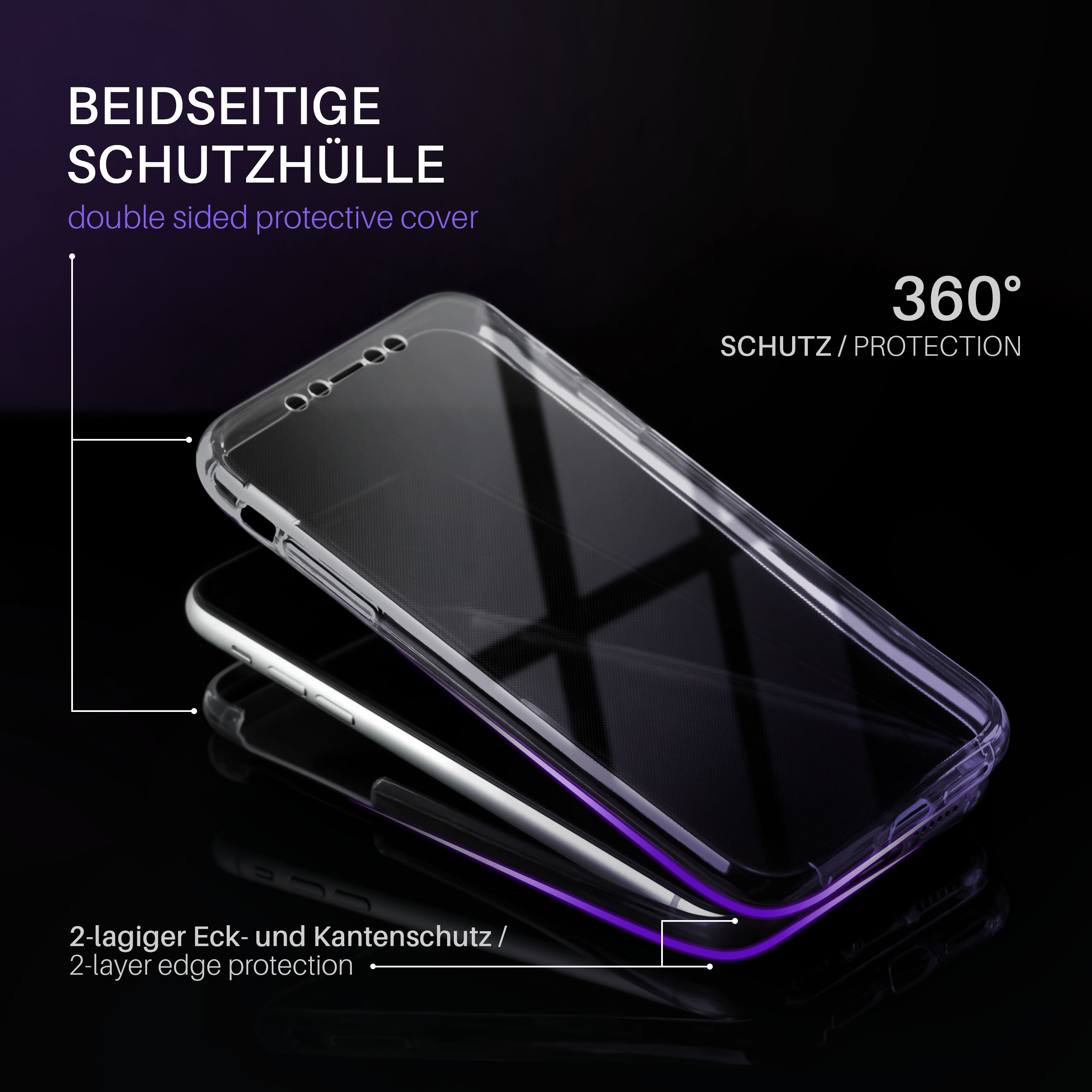 Transparente Handyhülle mit 360° Schutz, zweilagigem Kantenschutz und schwarzem Hintergrund.