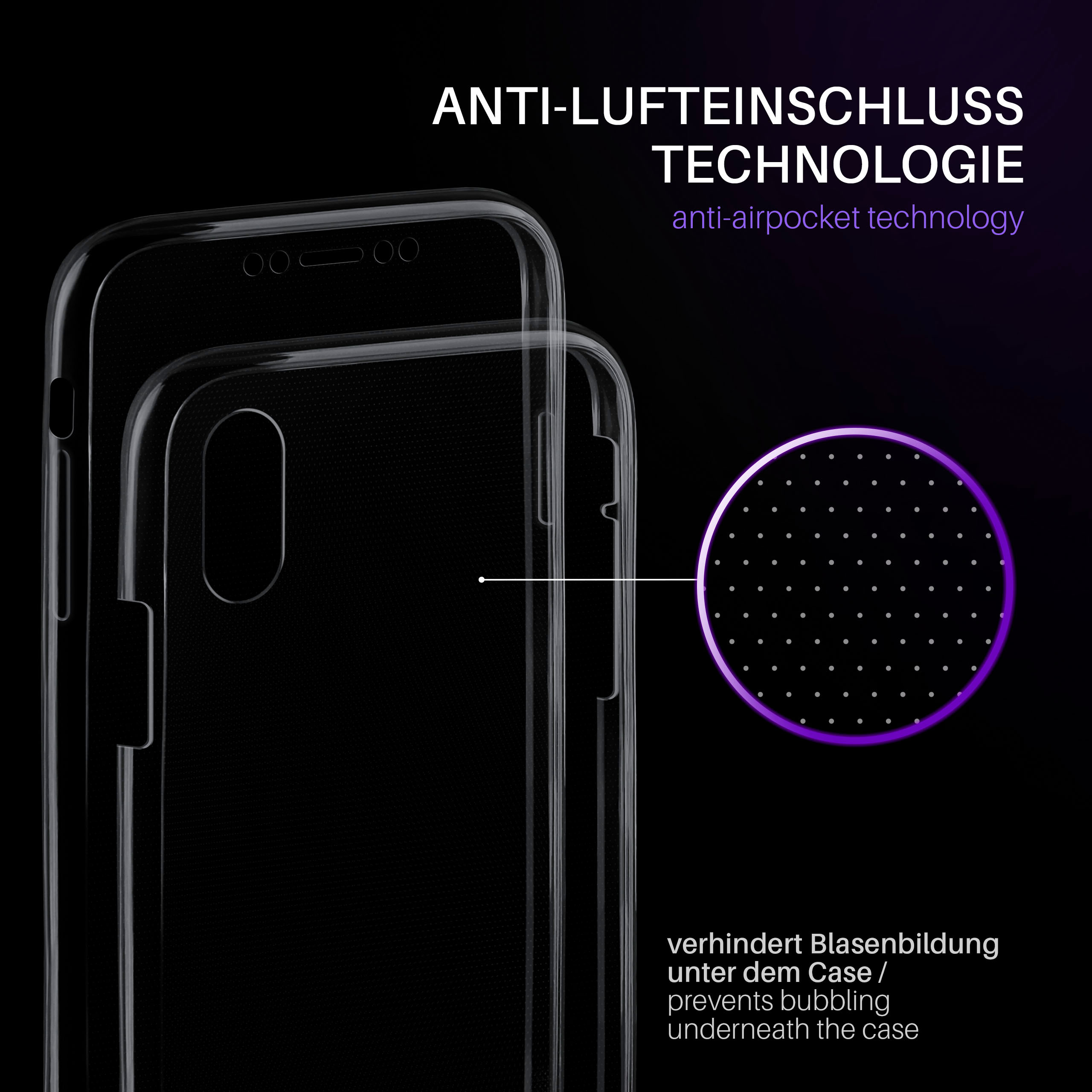 Transparente Handyhülle mit Anti-Luftblasen-Technologie. Verhindert Blasenbildung.