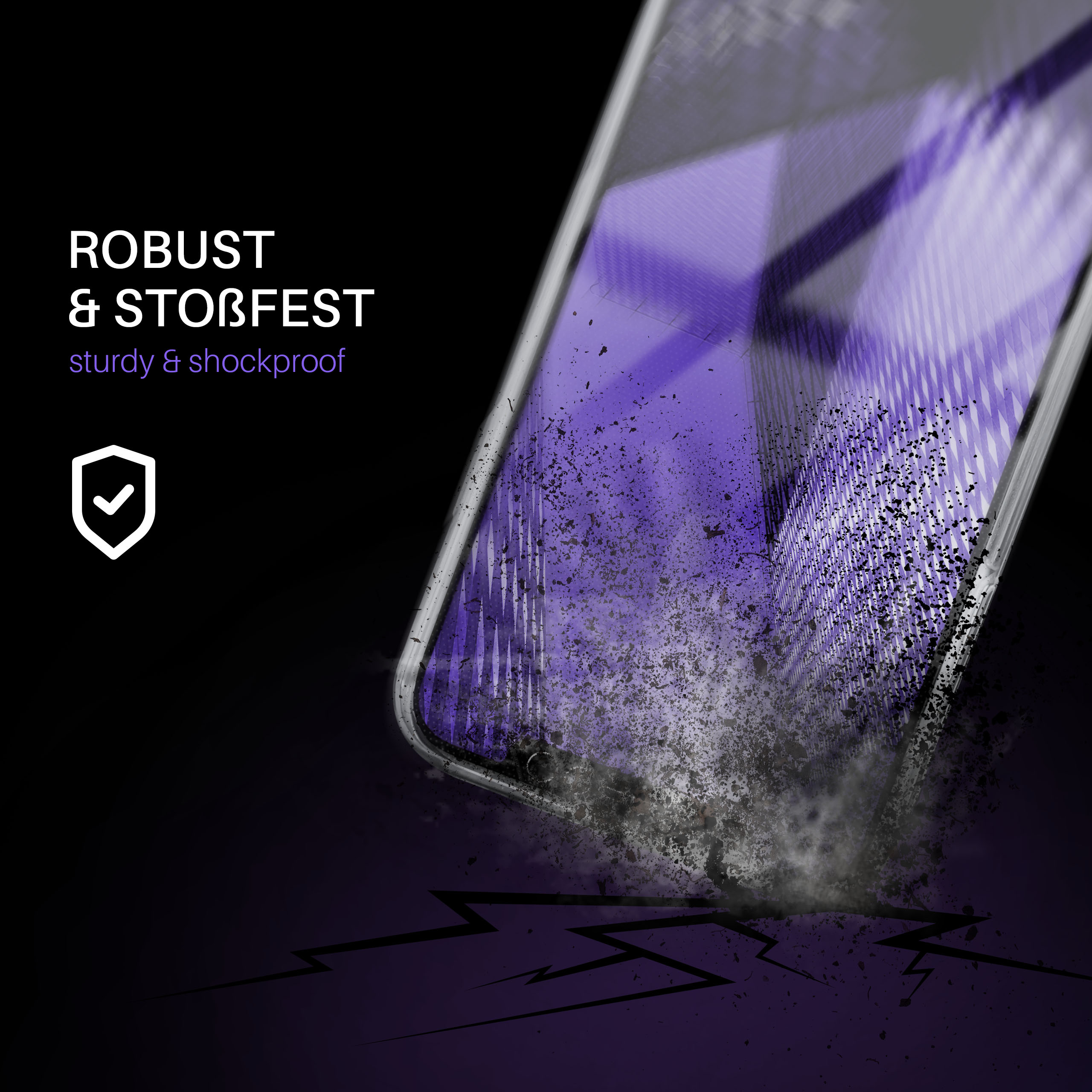 Eine Handyhülle mit einem zerbrochenen Glas-Effekt. Text: Robust & stoßfest. Ein Häkchen-Symbol ist links.