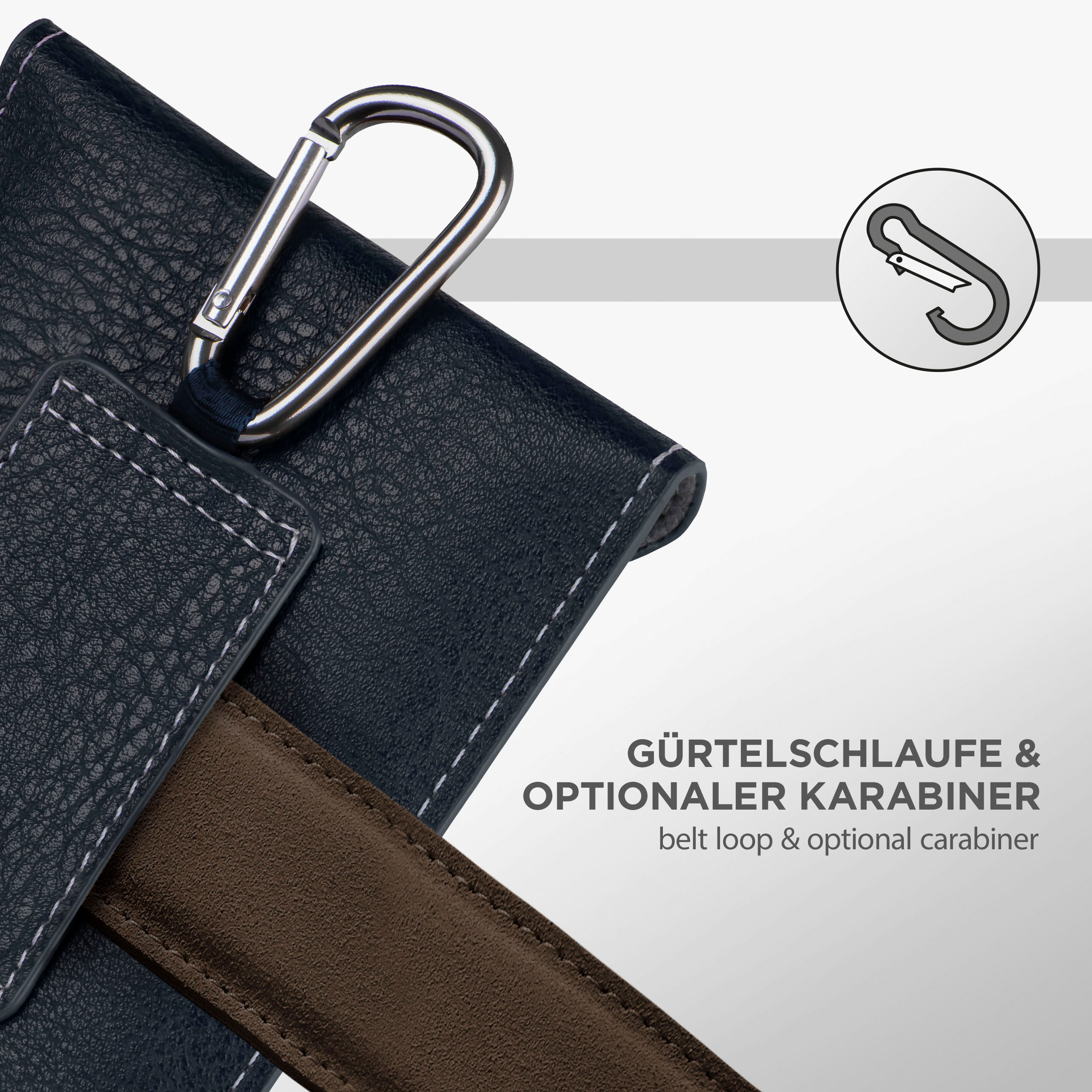Blaue Handytasche mit Karabiner und brauner Gürtelschlaufe. Weiße Nähte.