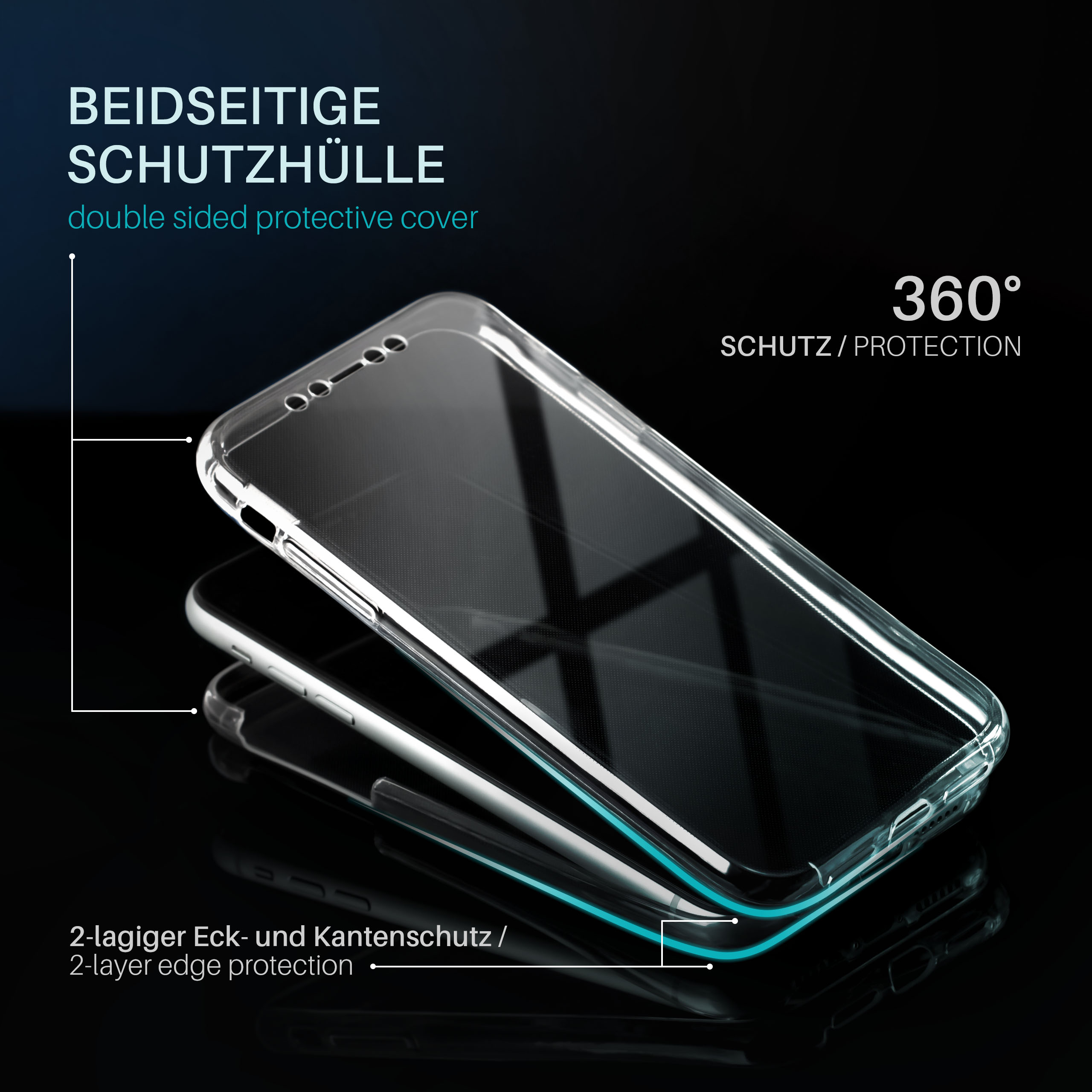 Transparente Handyhülle mit Telefon. Text: Beidseitiger Schutz, 2-lagiger Kantenschutz.