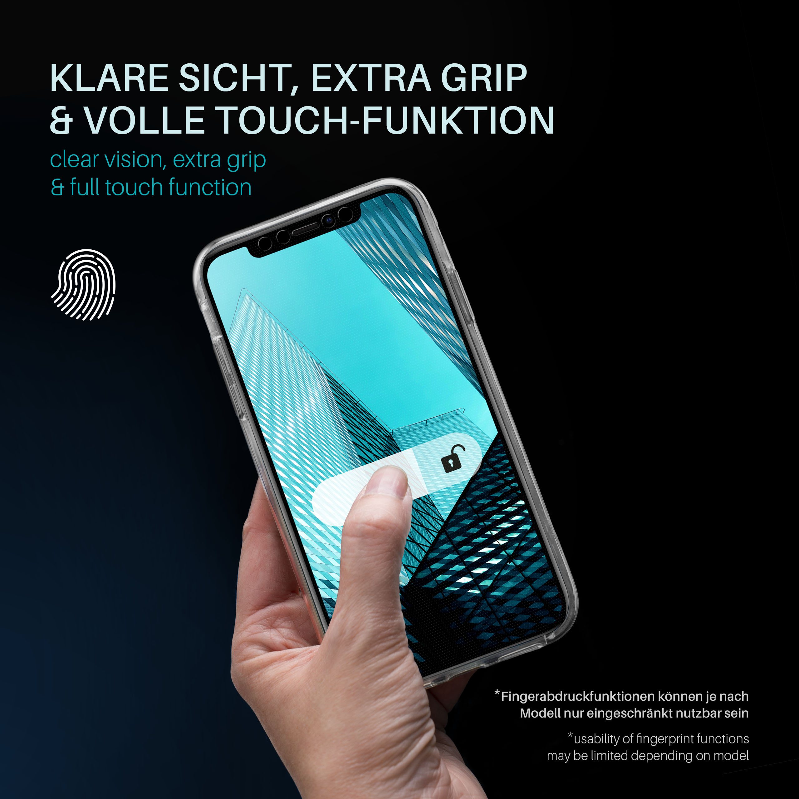 Person hält transparente Handyhülle mit Telefon, das einen Sperrbildschirm zeigt.