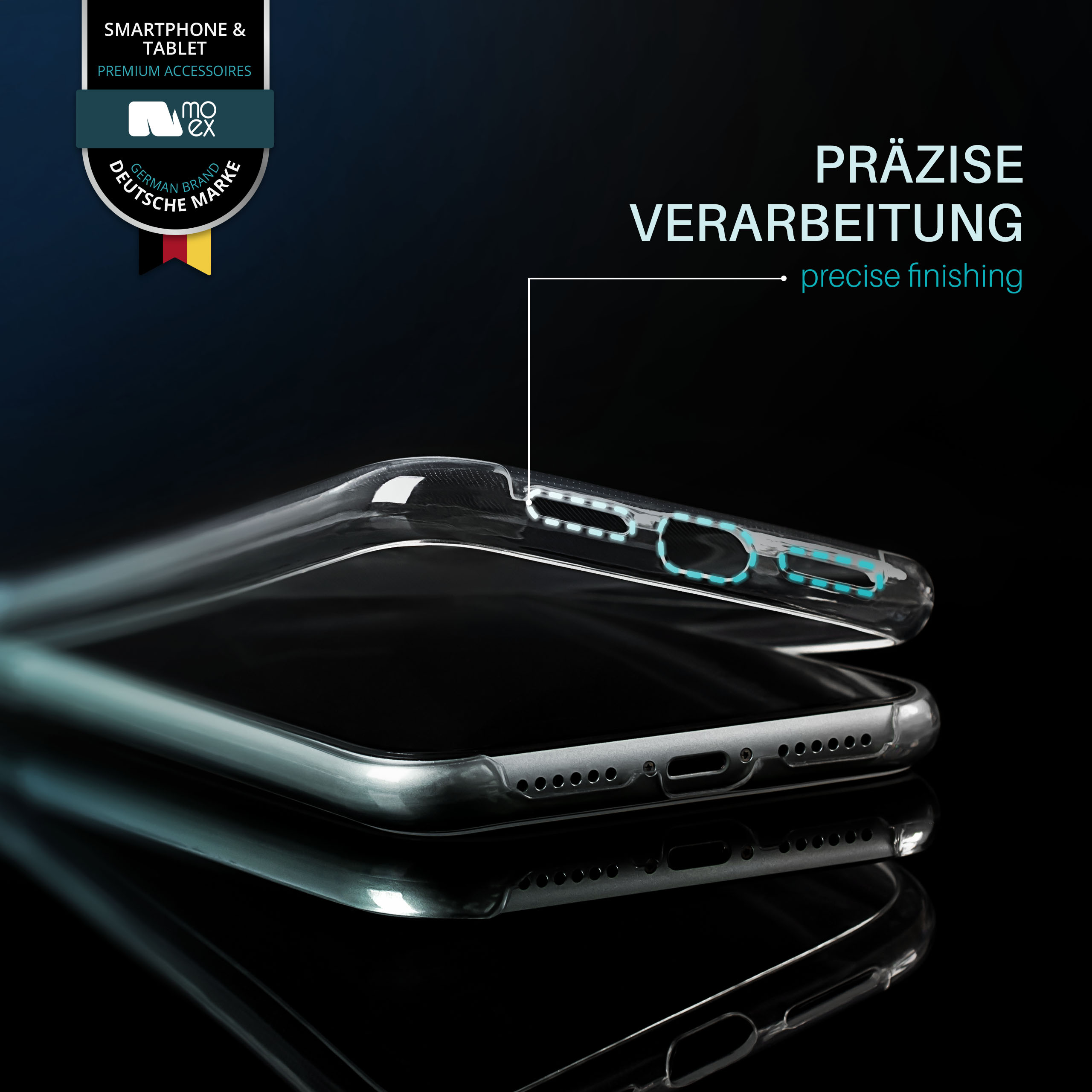 Transparente Handyhülle, Ober- und Unteransicht. Text erwähnt präzise Verarbeitung.