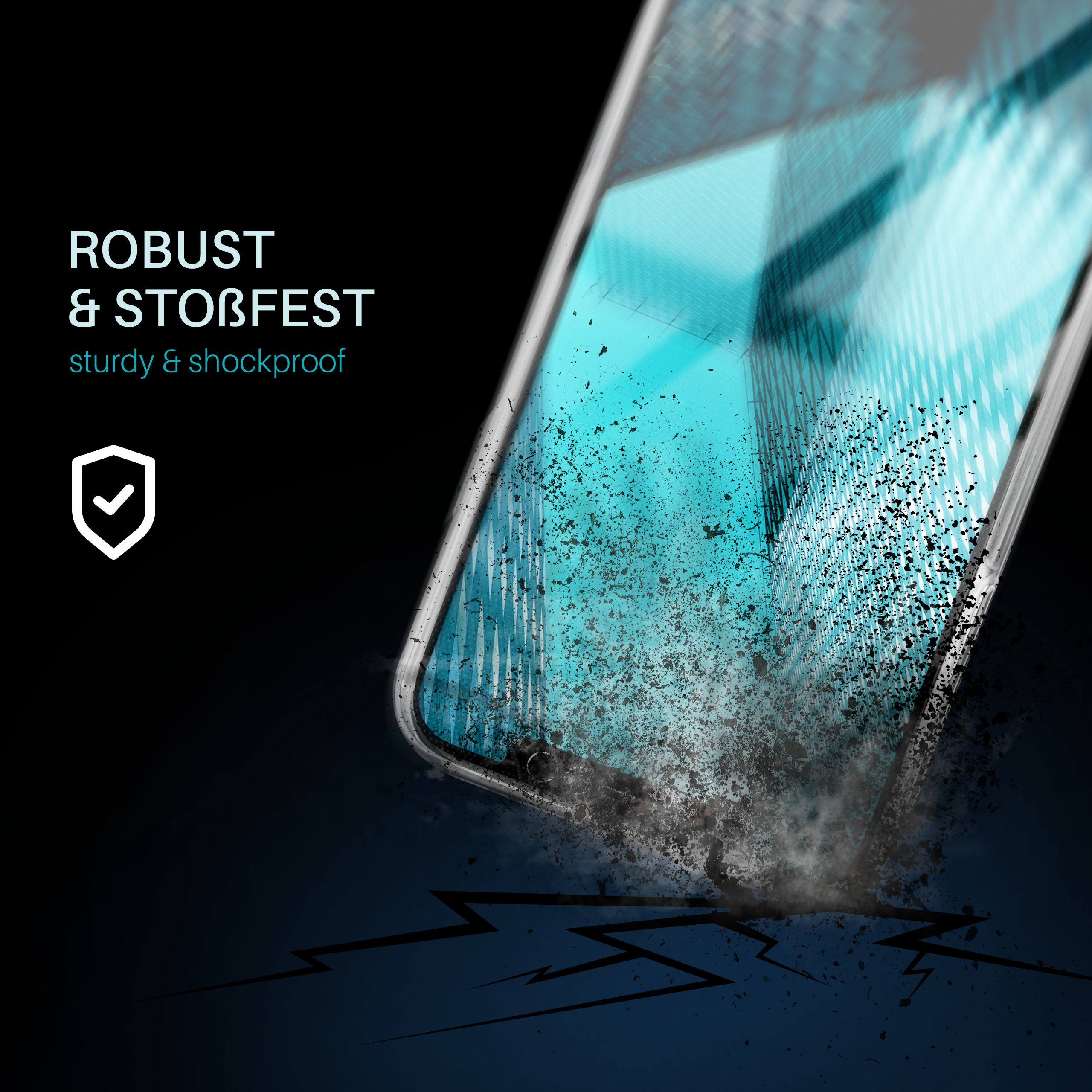 Ein Telefonbildschirm ist gerissen, mit den Worten 'robust & stoßfest'.
