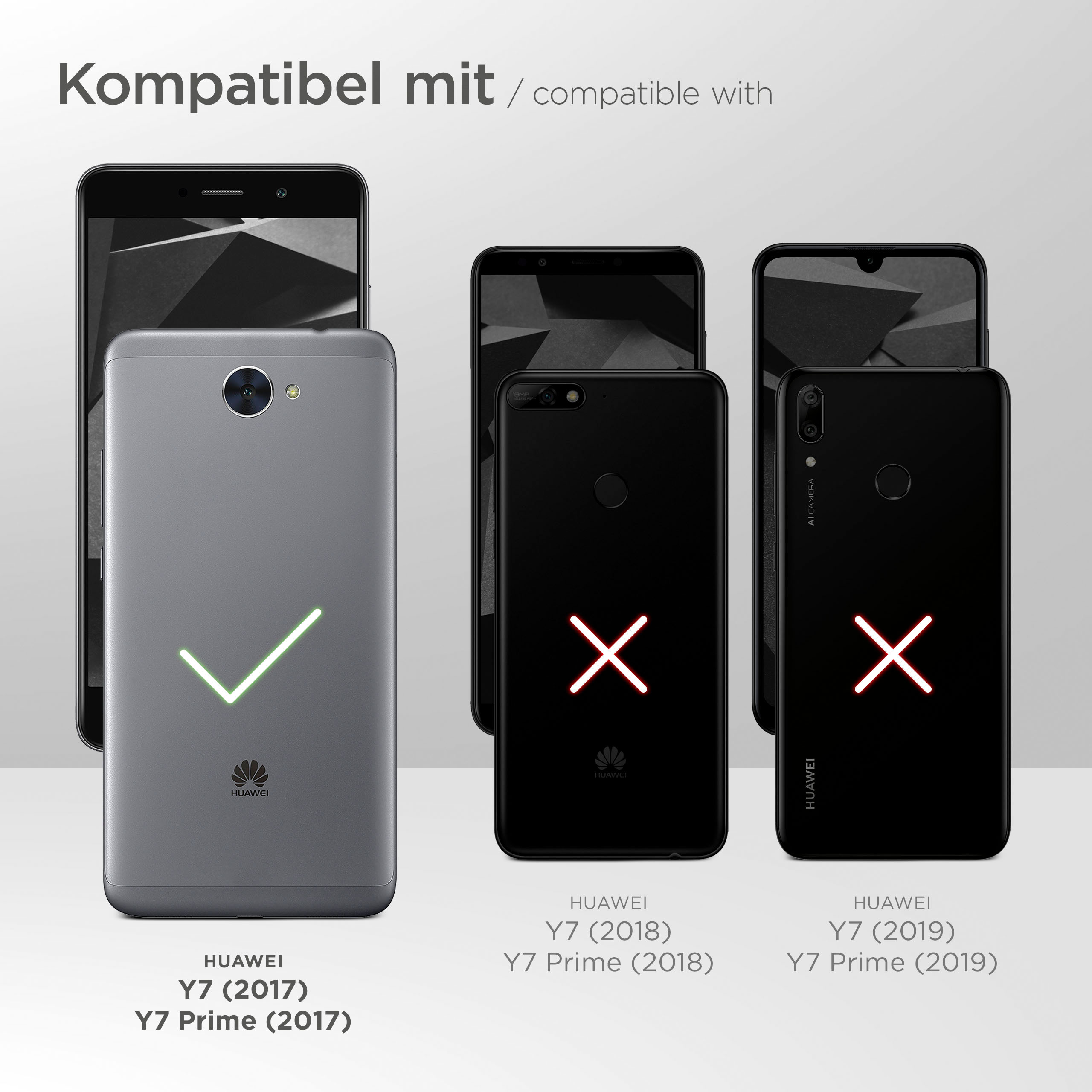 Mehrere Huawei-Telefone, einige mit rotem X, eines mit grünem Häkchen, was die Kompatibilität anzeigt.