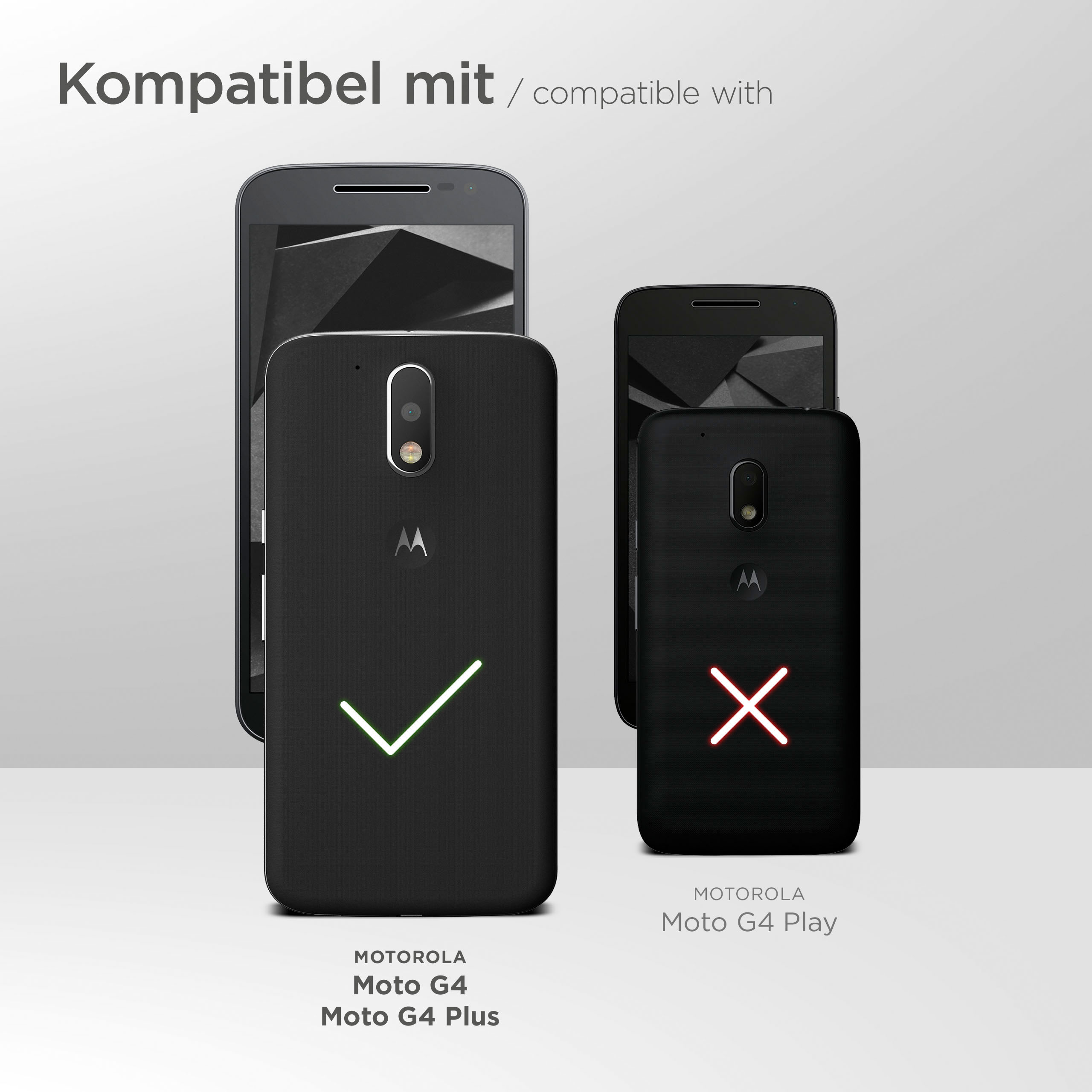 Zwei Handys. Eines mit Häkchen, das andere mit X, zeigt Kompatibilität für Motorola Moto G4 und G4 Plus.