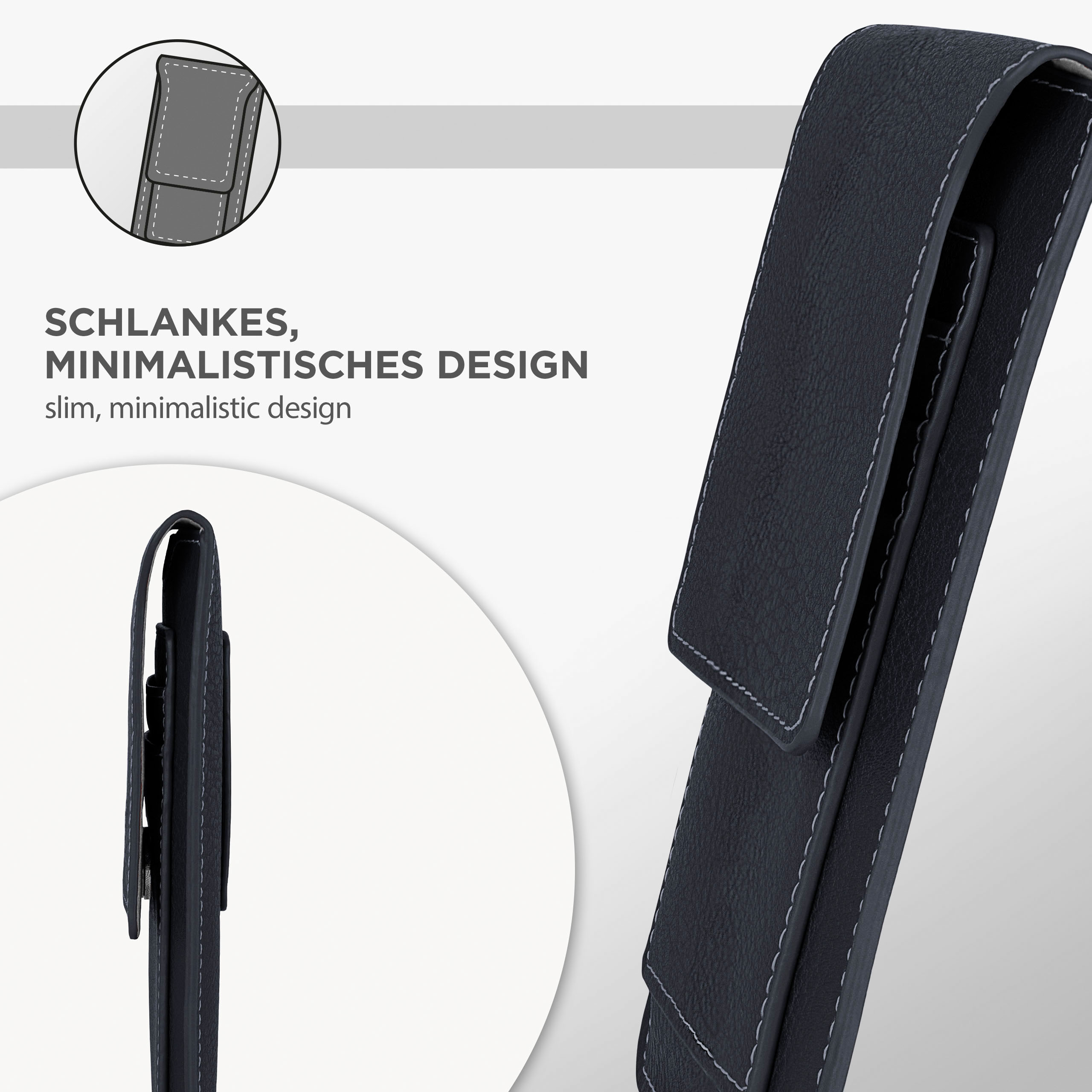 Dunkelblaue Leder-Handyhülle mit weißen Nähten; Text: schlankes, minimalistisches Design.