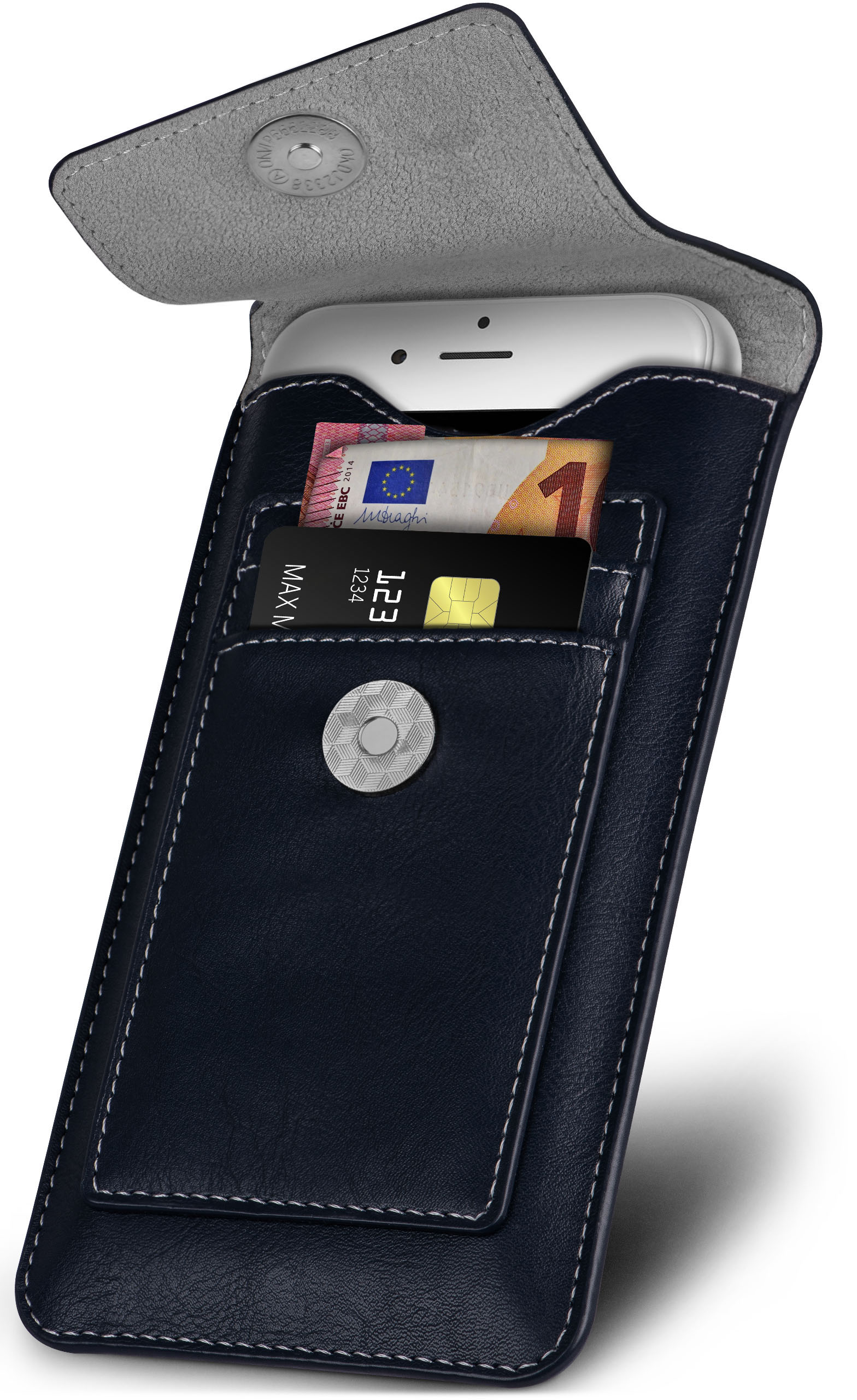 Dunkelblaue Leder-Handyhülle mit weißem Telefon, Geld und Karten. Die Hülle hat einen Magnetverschluss.