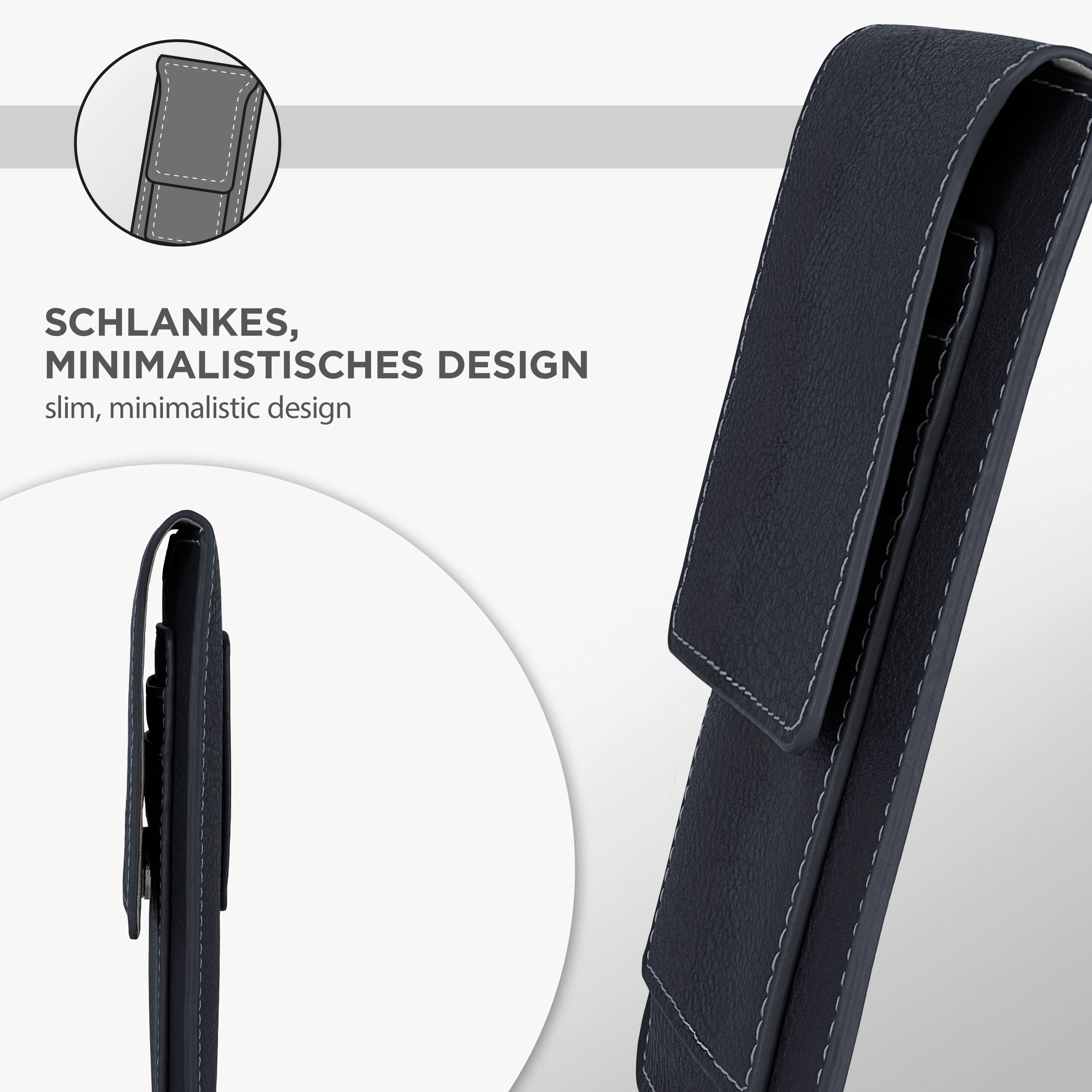 Nahaufnahme einer schwarzen Handyhülle mit weißen Nähten. Text: 'schlankes, minimalistisches Design'.