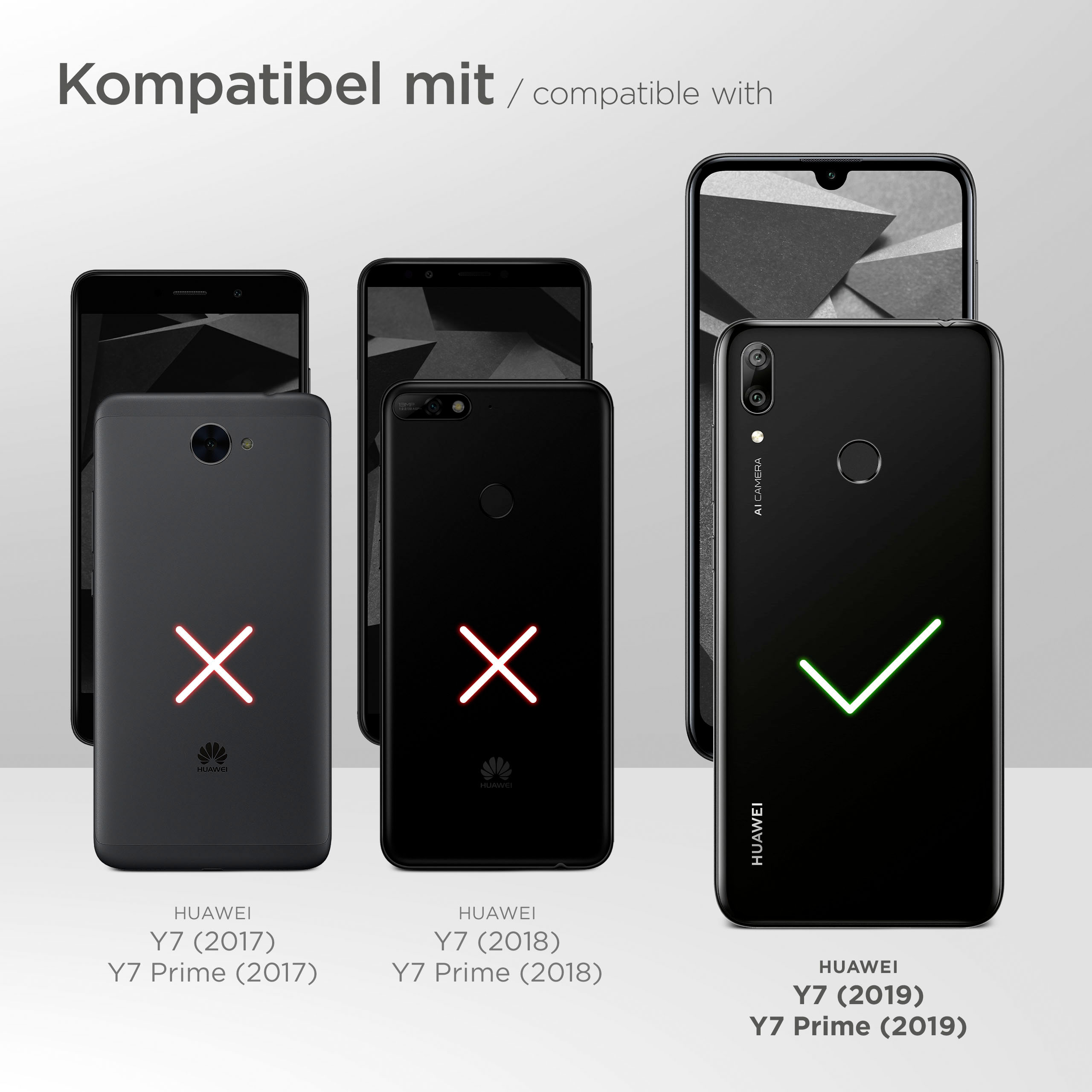 Bild, das die Kompatibilität von Huawei-Telefonen mit einem Y7 (2019) zeigt. Andere Modelle sind inkompatibel.