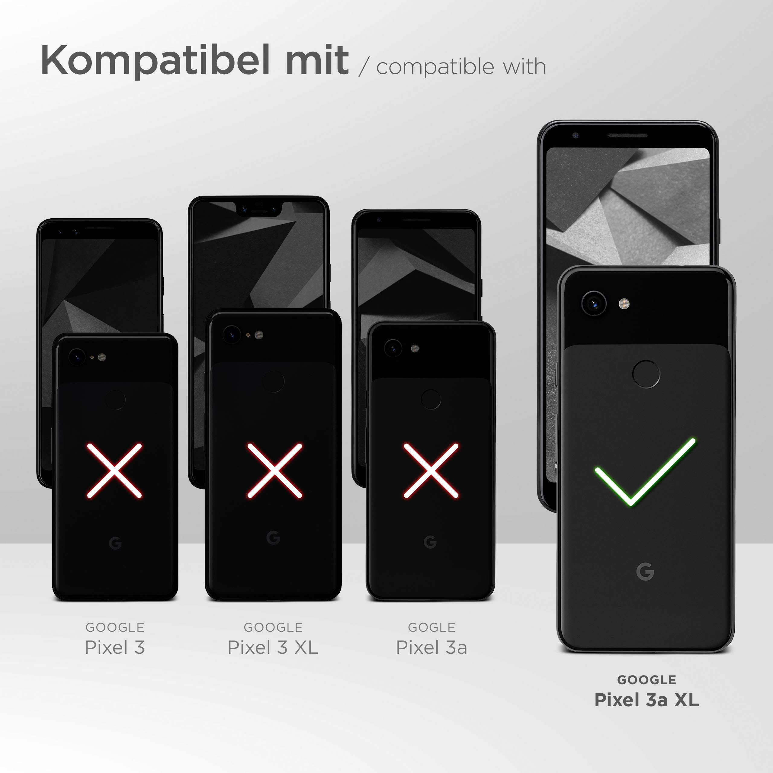 Das Bild zeigt eine Kompatibilitätstabelle. Google Pixel 3a XL ist mit dem Gehäuse kompatibel, andere nicht. Google Pixel 3, 3 XL und 3a sind es nicht.