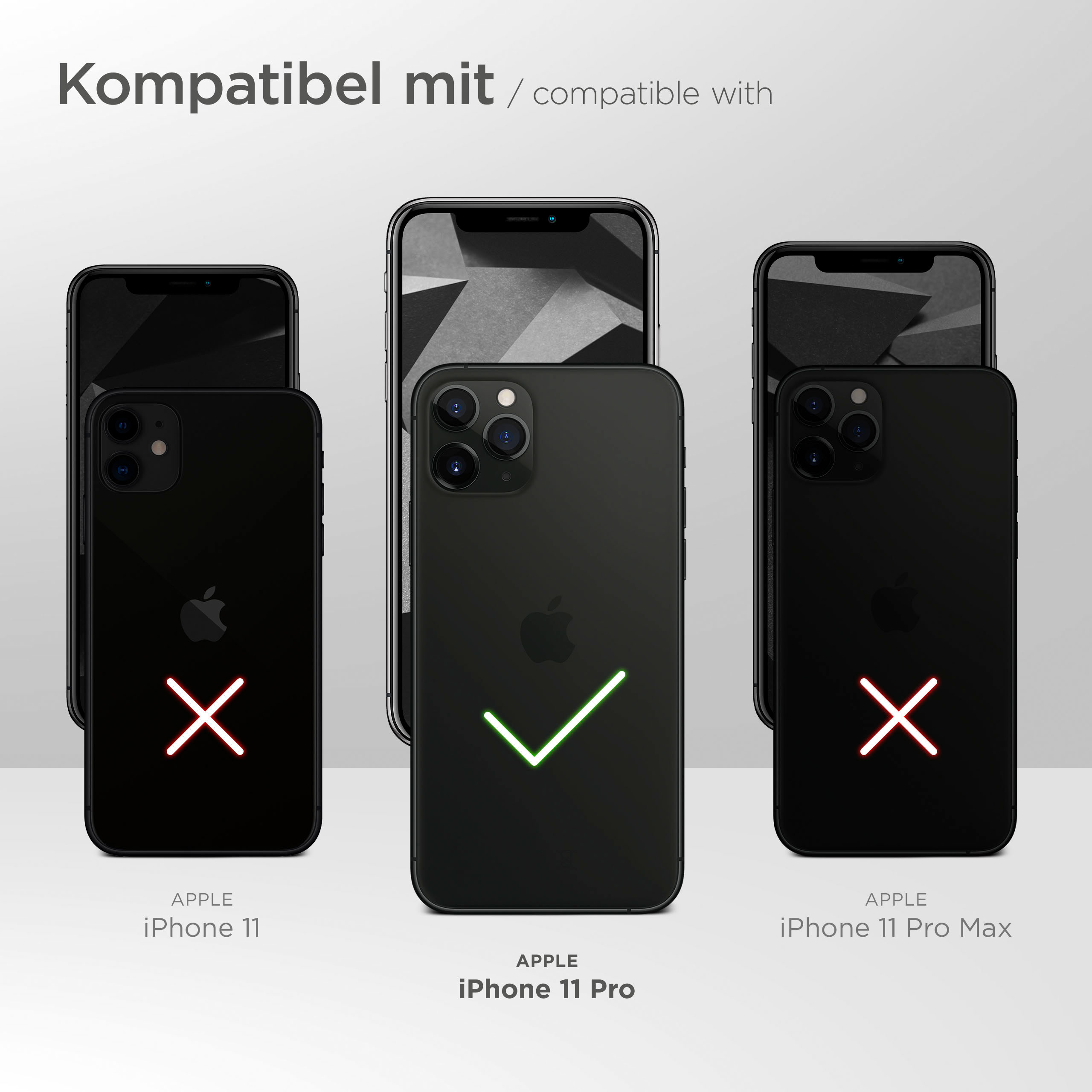 Drei Telefone, zwei mit X markiert, eines mit Haken, was die Kompatibilität anzeigt.