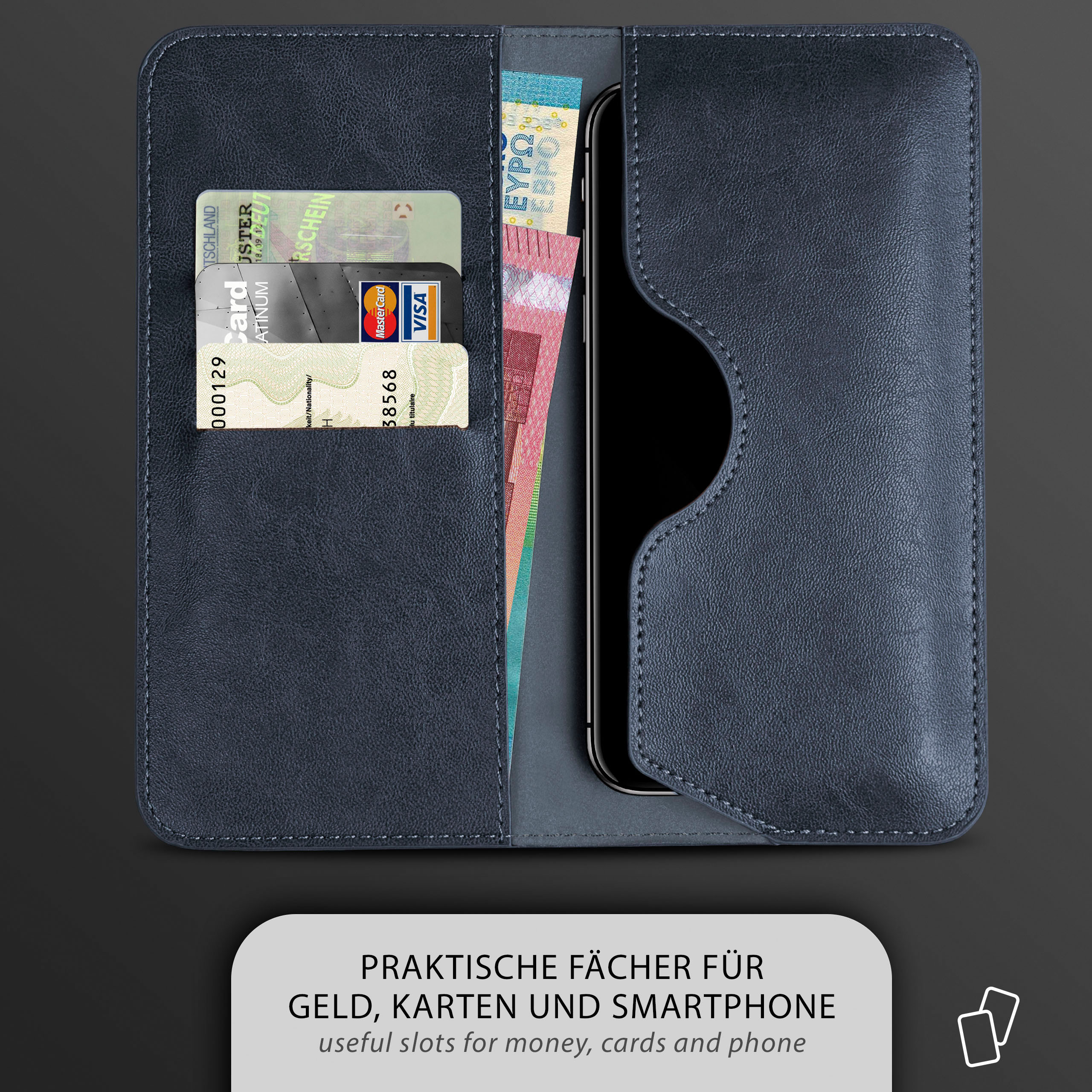 Blaue Handyhülle mit Karten und Geld darin. Nützliche Fächer für Geld, Karten und Telefon.