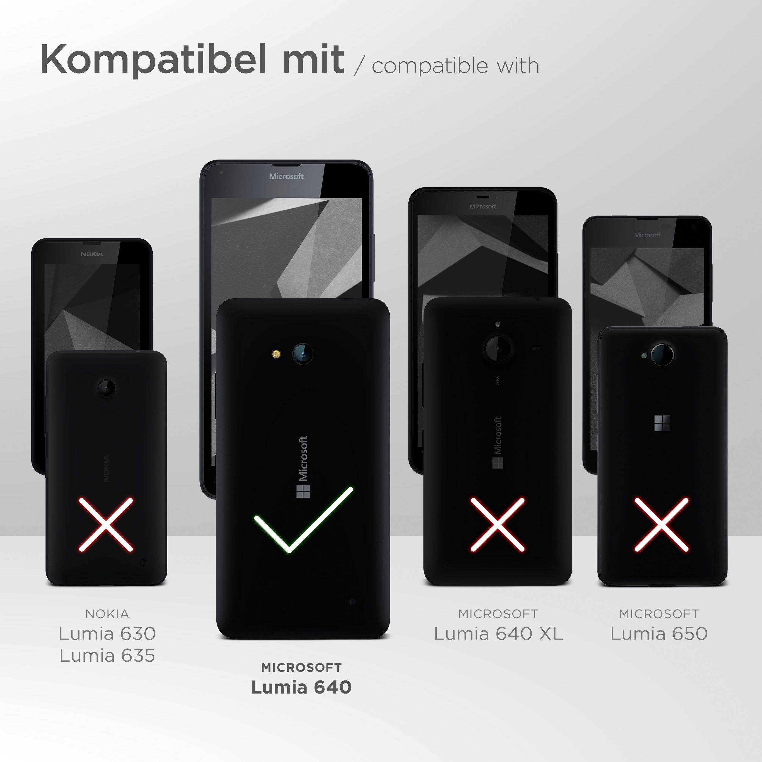 Telefone, einige mit rotem X, eines mit grünem Haken. Nokia- und Microsoft-Telefone vor weißem Hintergrund.