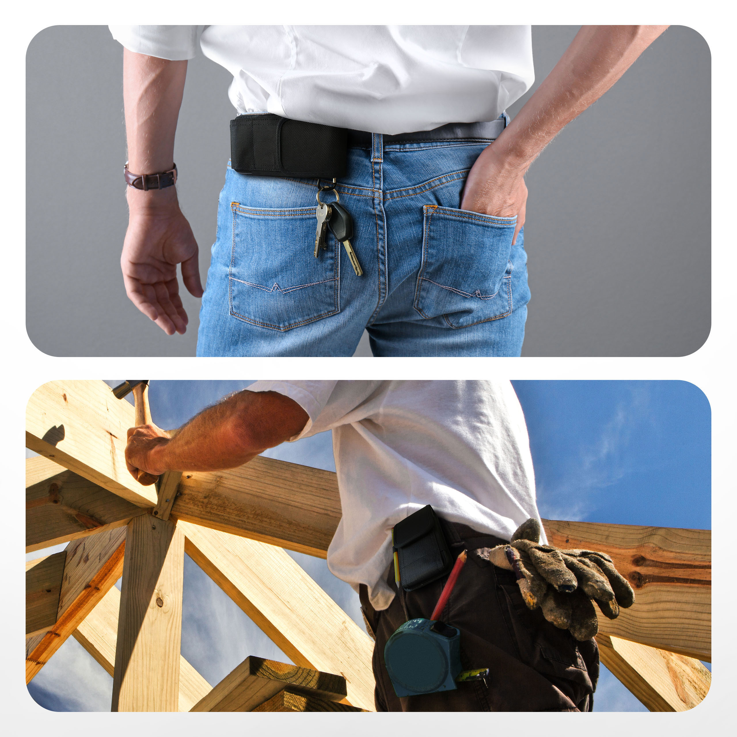Zwei Bilder. Person mit Gürteltasche, Schlüssel hängen. Zweites Bild: Zimmermann arbeitet an Holzrahmen.