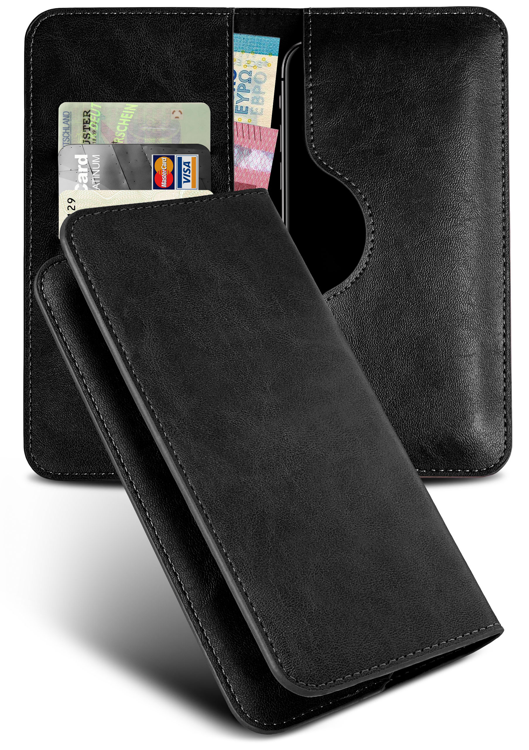 Schwarze Leder-Handyhülle. Ein Telefon, Karten und Bargeld sind sichtbar. Die Hülle hat eine Klappe, die das Telefon bedeckt.