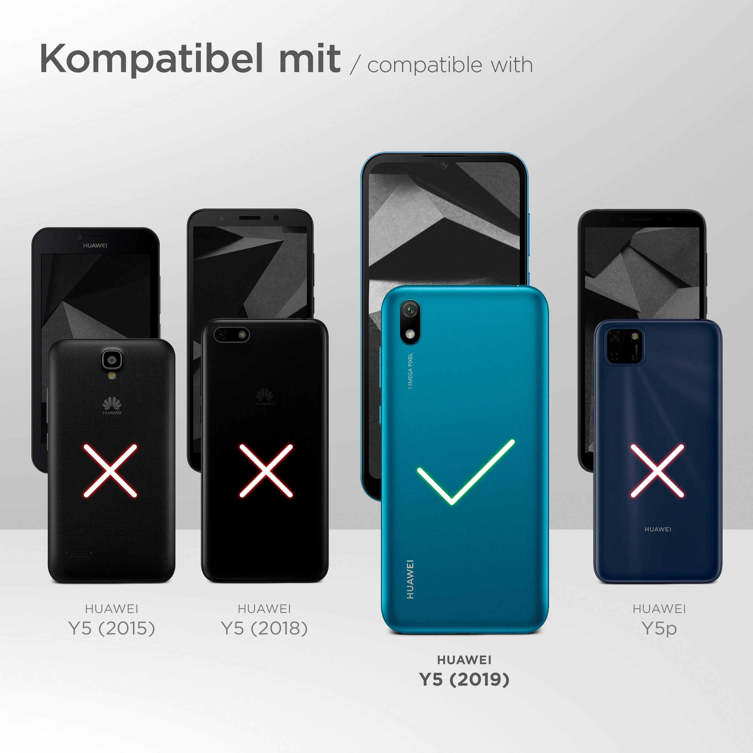 Telefon-Kompatibilitätstabelle. Blaues Telefon hat Häkchen. Andere haben X. Modelle: Huawei Y5 (2019) kompatibel.