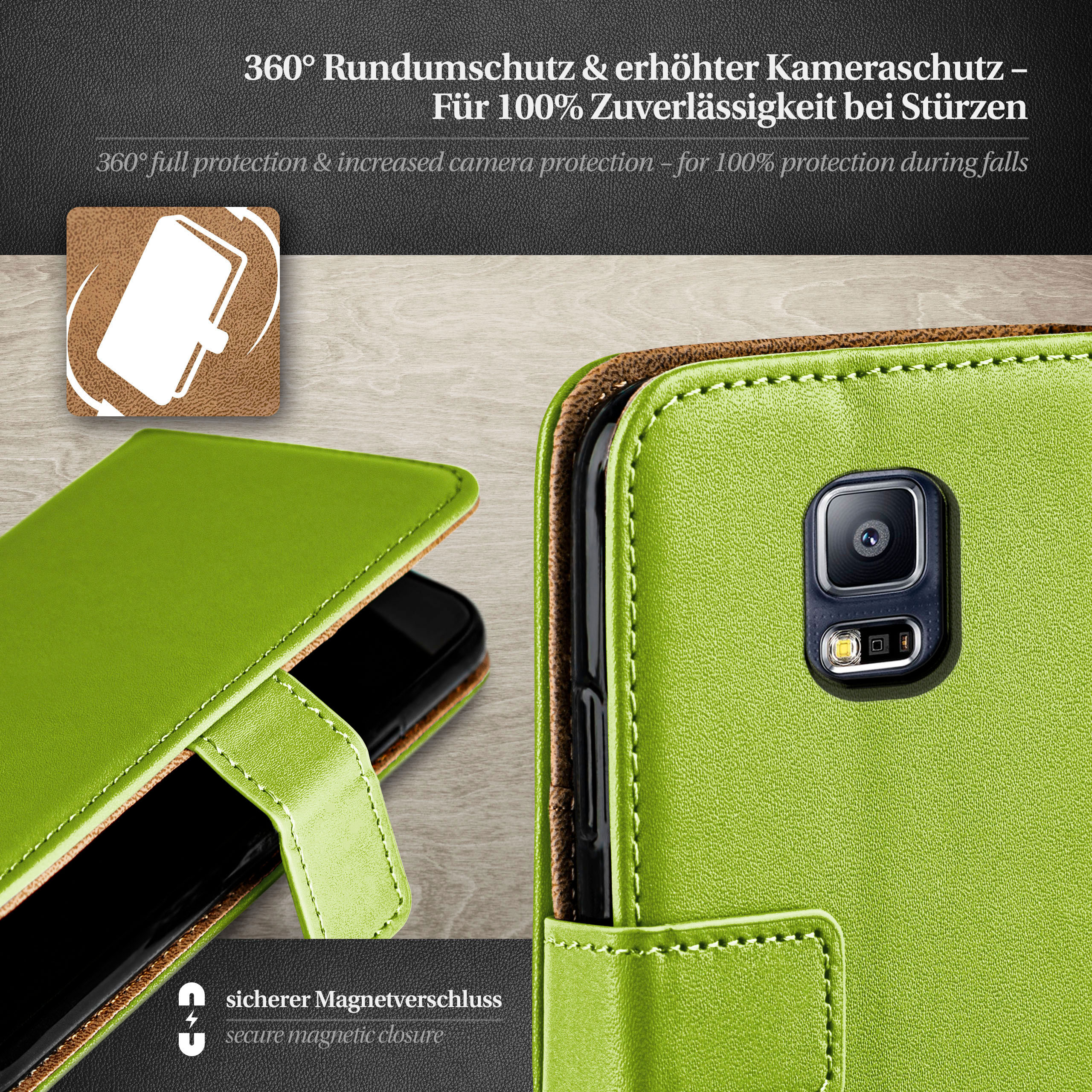 Grüne Handyhülle mit Telefon. Nahaufnahme der Hülle, mit Magnetverschluss.